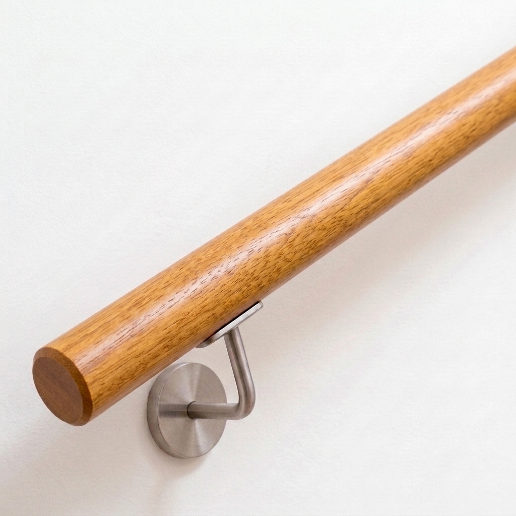 Ronde leuning van iroko, goudbruin hout, met roestvrijstalen leuninghouder aan witte wand, recht uiteinde, schuin van boven