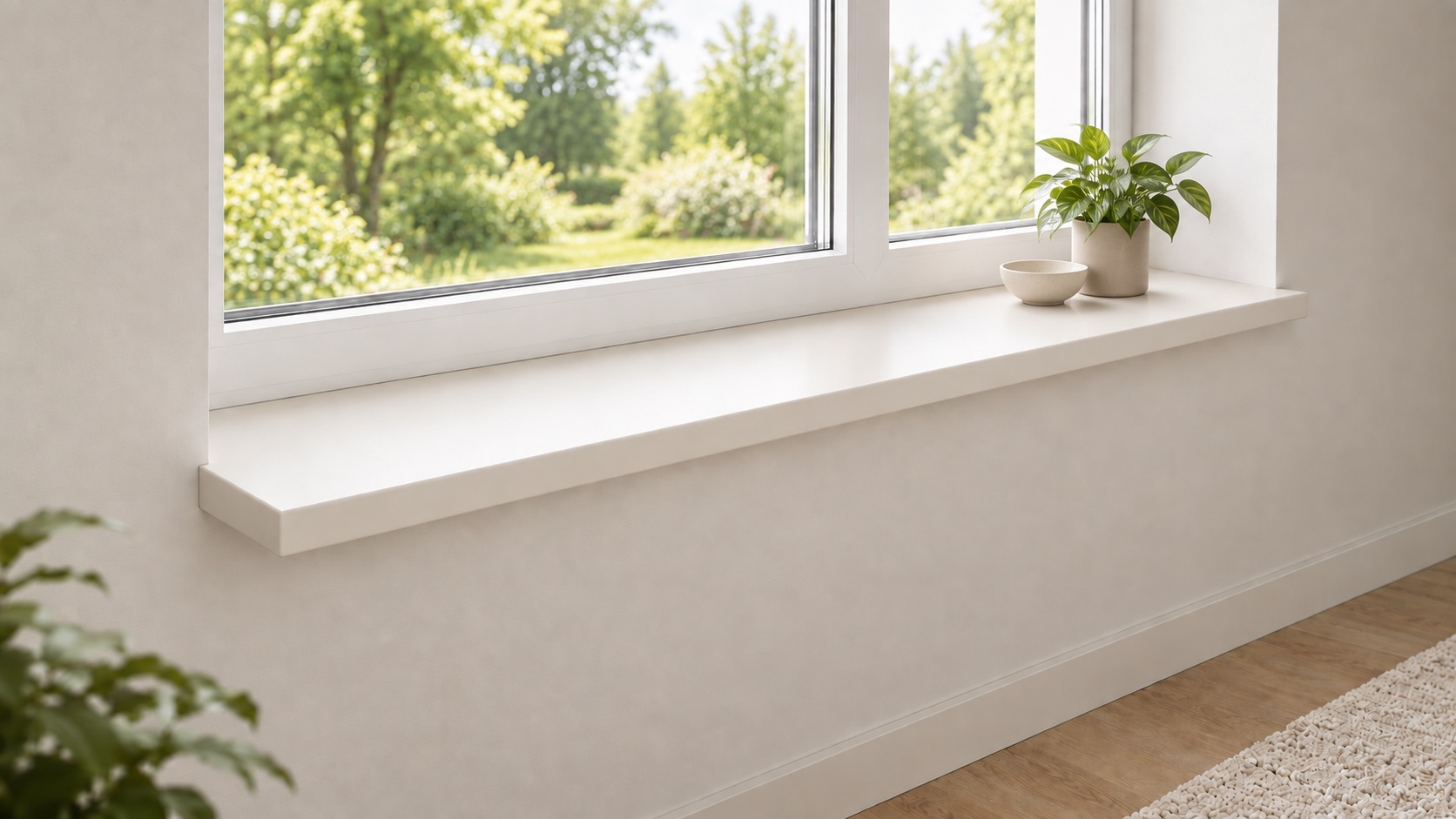 Lichte vensterbank binnen bij het raam met uitzicht op het groen, witte vensterbank op lichte wand, plantje, houten vloer