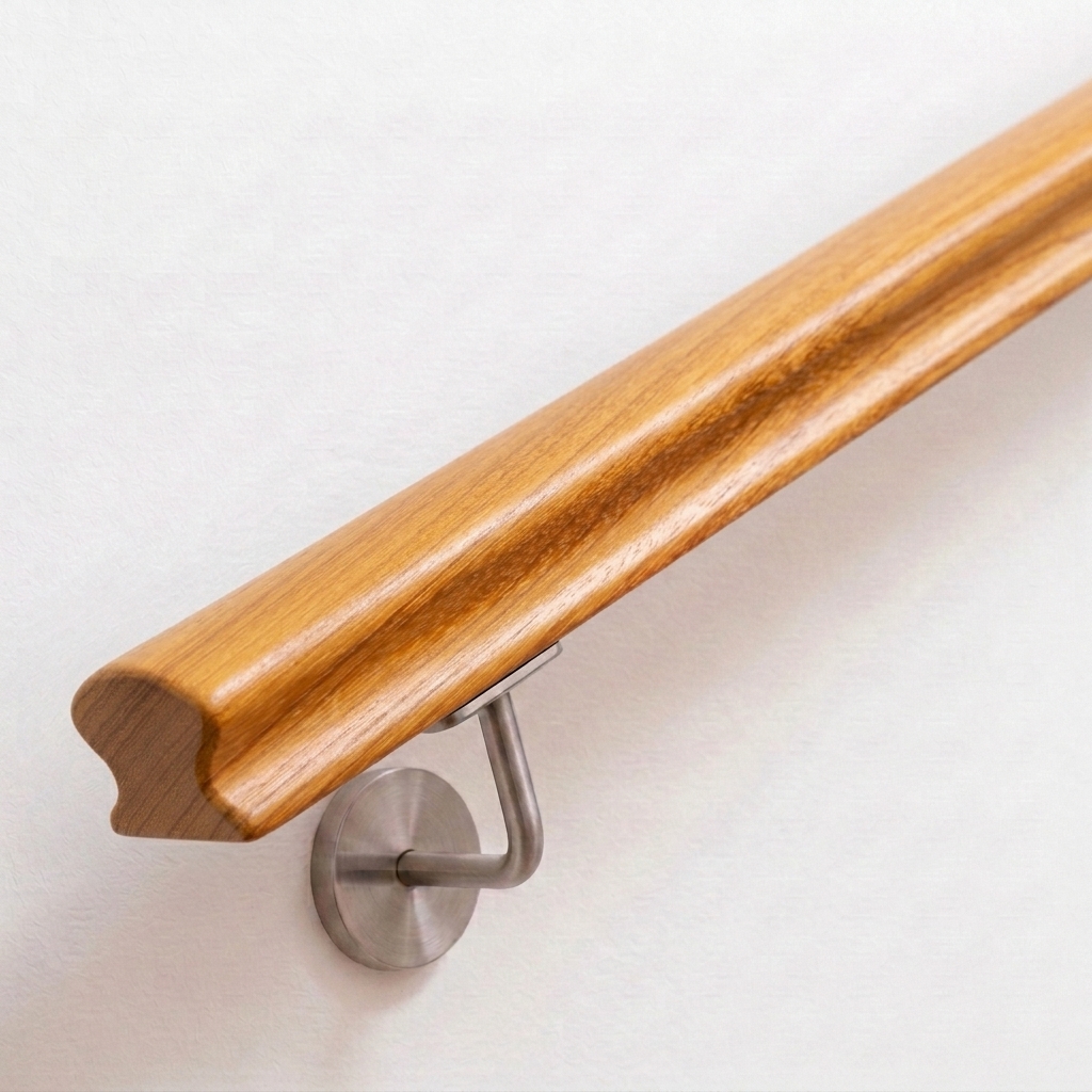 Omega-leuning van iroko met geprofileerde doorsnede, goudbruin hout, roestvrijstalen leuninghouder aan witte wand, recht eind