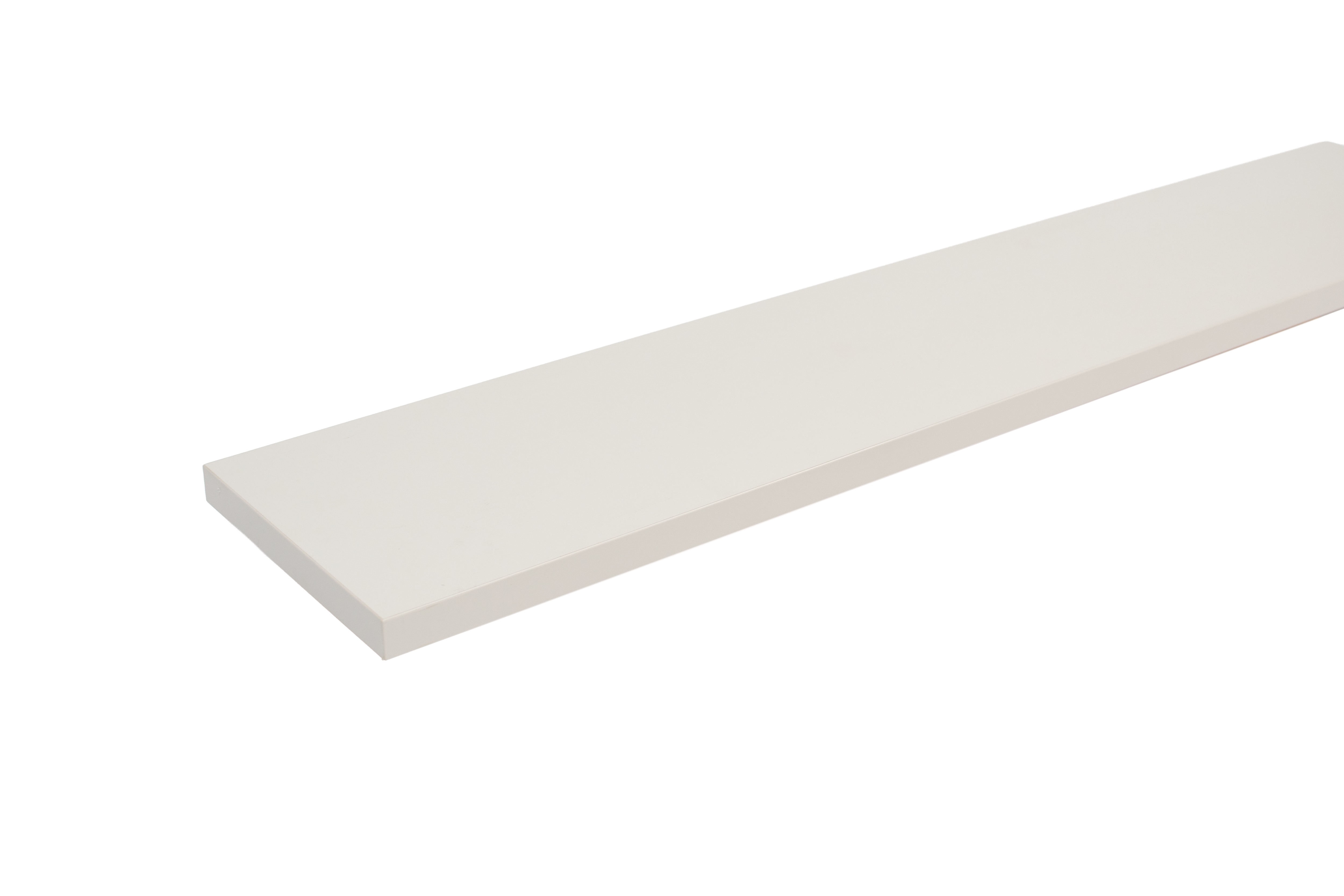 Grijze melamine vensterbank, lichtgrijze plaat diagonaal van links, voorkant en kopse kant zichtbaar