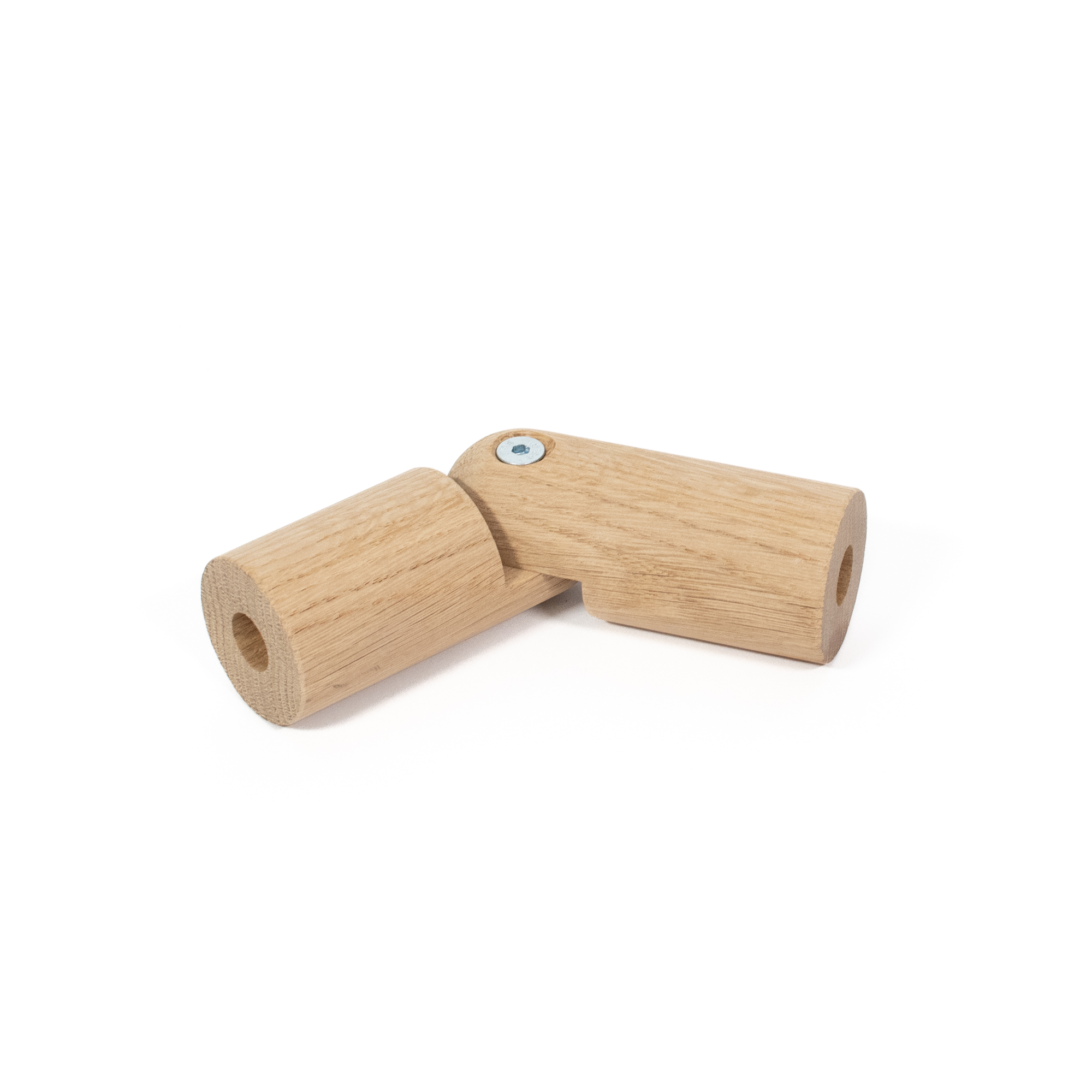 Flexibel verbindingsstuk van eikenhout, Ø 42 mm, voor houten leuning, stomp gehoekt ca. 120°, scharnierschroef zichtbaar