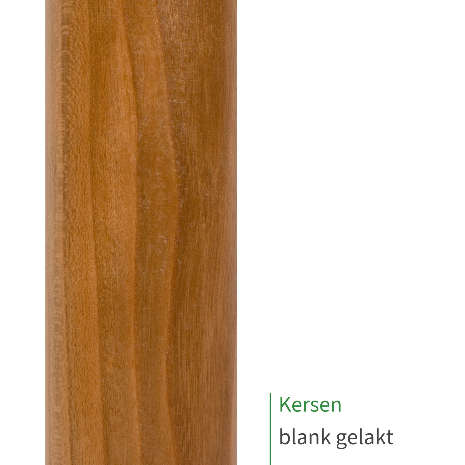 Kersen, blank gelakt: close-up van het oppervlak van een houten leuning met zichtbare houtnerf als kleurstaal