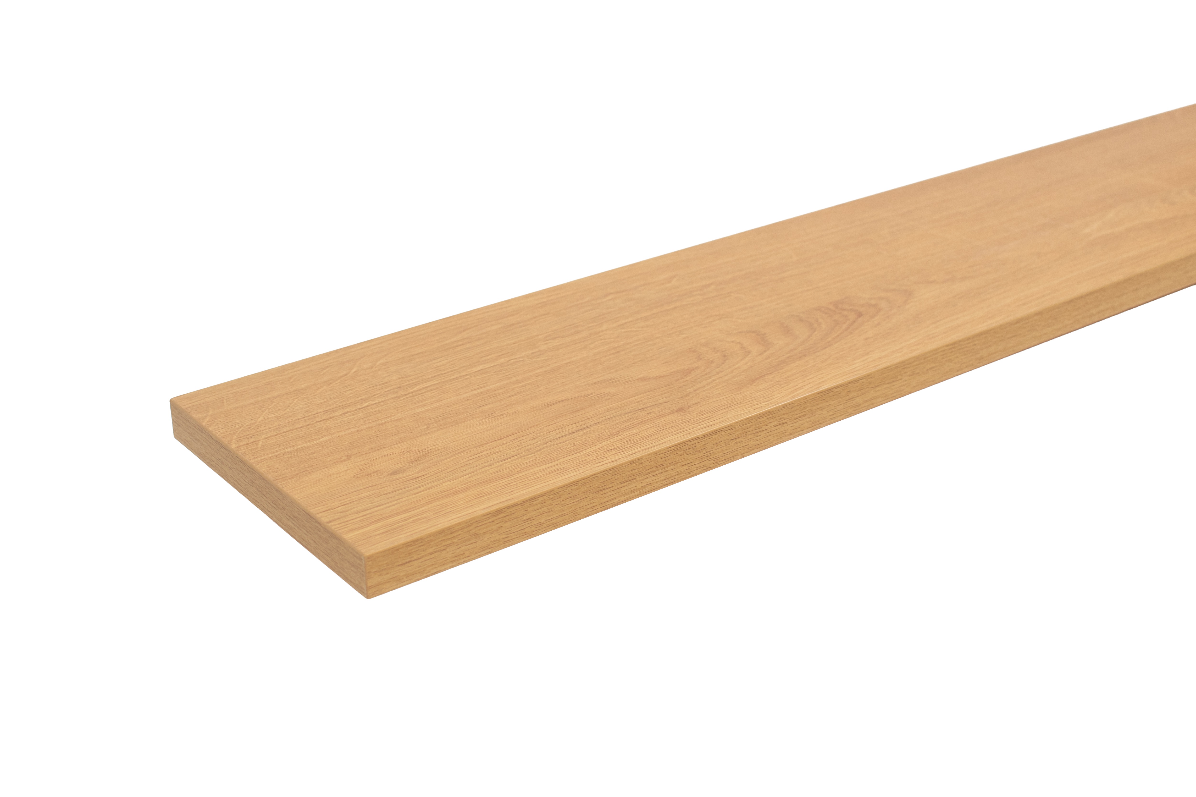 Melamine vensterbank met houtlook eiken, vrijstaand in vlak zijaanzicht met kopse kant