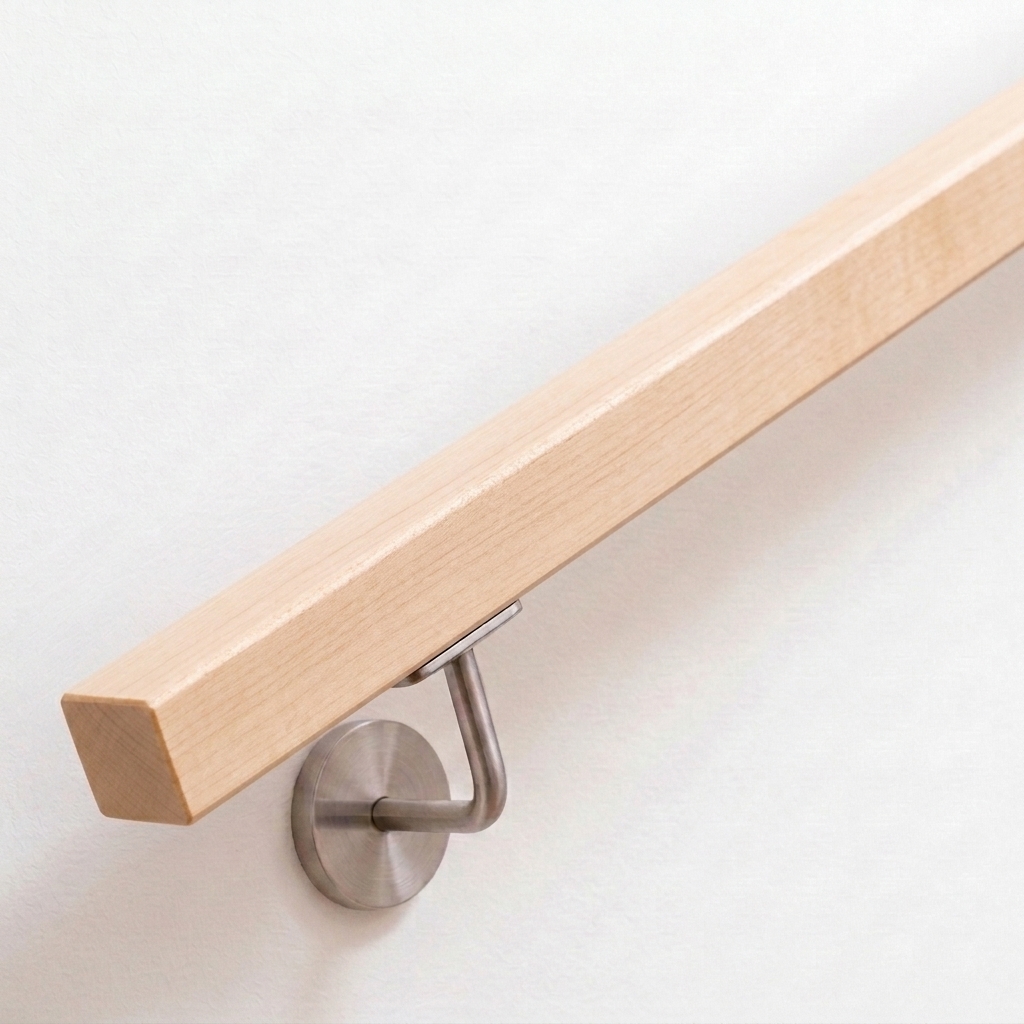 Vierkante leuning van esdoornhout aan witte wand met roestvrijstalen leuninghouder, licht naturel hout, schuin aanzicht