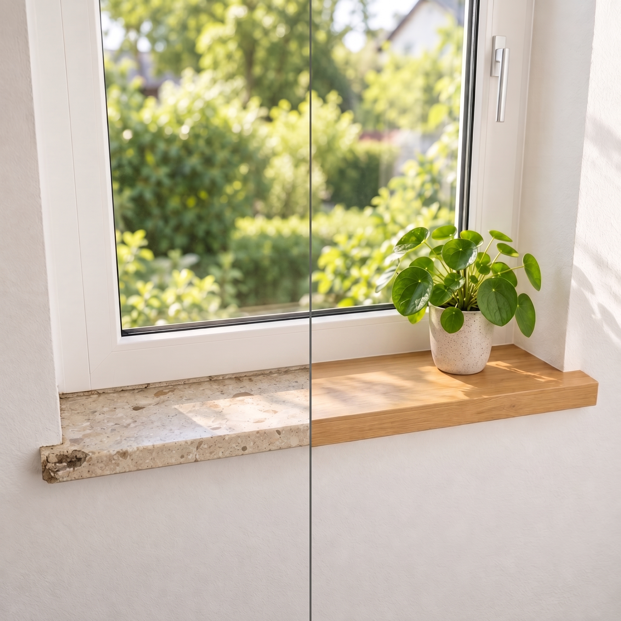 Renovatievensterbank eiken naturel bij het raam, voor en na: oude stenen vensterbank links, lichte eiken afdekking rechts