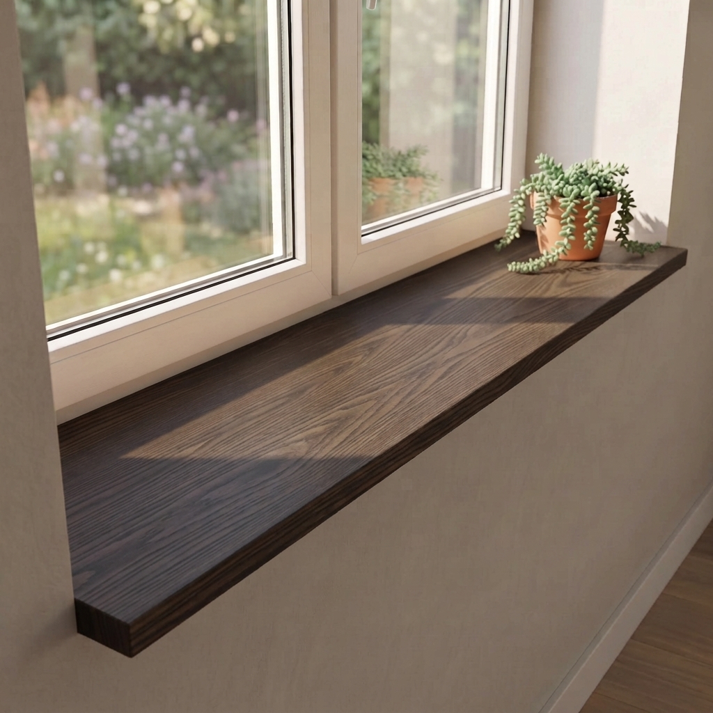 Melamine vensterbank met houtlook noten onder dubbel raam met tuinzicht en hangplant in pot