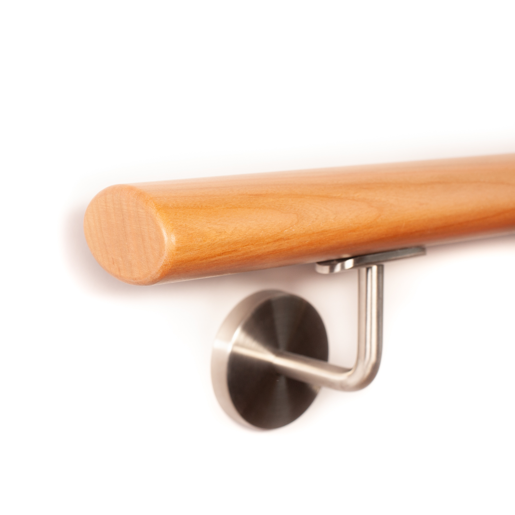 Ovale leuning van kersenhout met afgeronde afsluiting (radius) en roestvrijstalen wandhouder, warm oranjebruin kersenhout