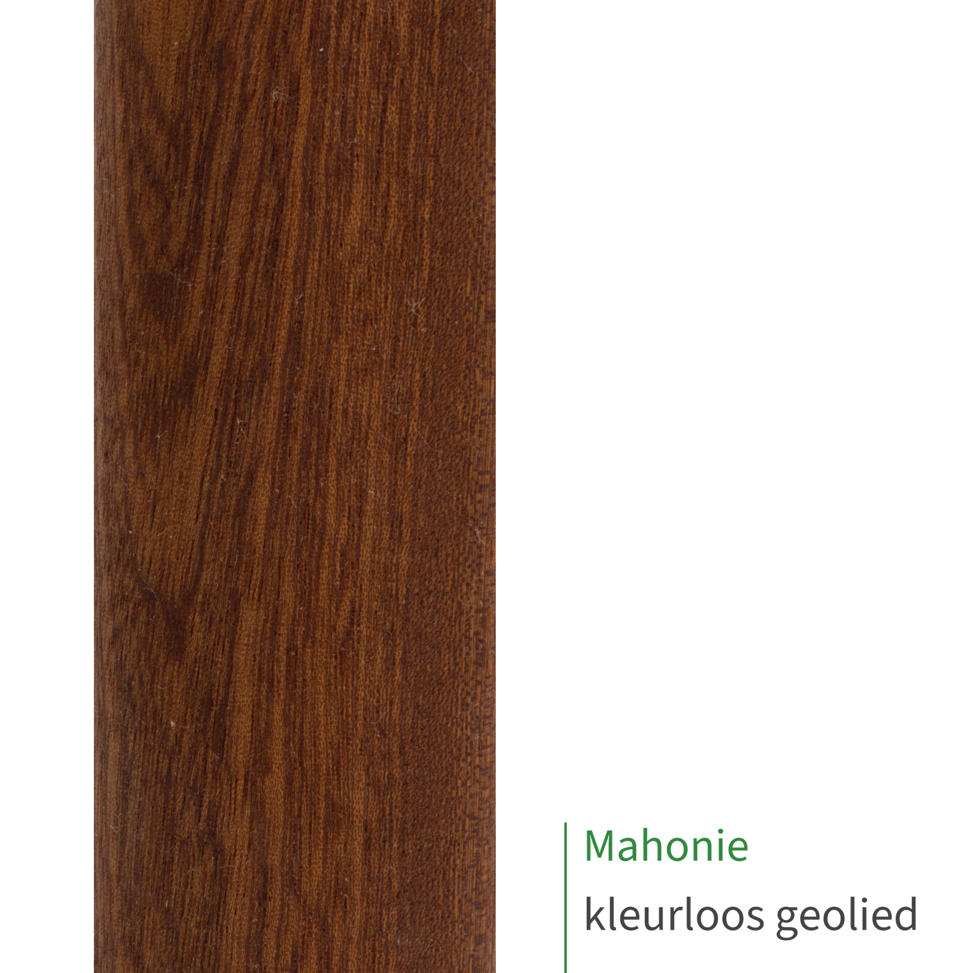 Mahonie, kleurloos geolied: close-up van het oppervlak van een houten leuning met zichtbare houtnerf als kleurstaal