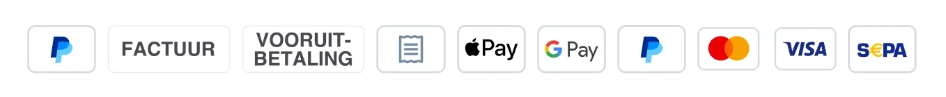 Betaalmethoden: PayPal, factuur, vooruitbetaling, Apple Pay, Google Pay, Mastercard, Visa en SEPA-incasso