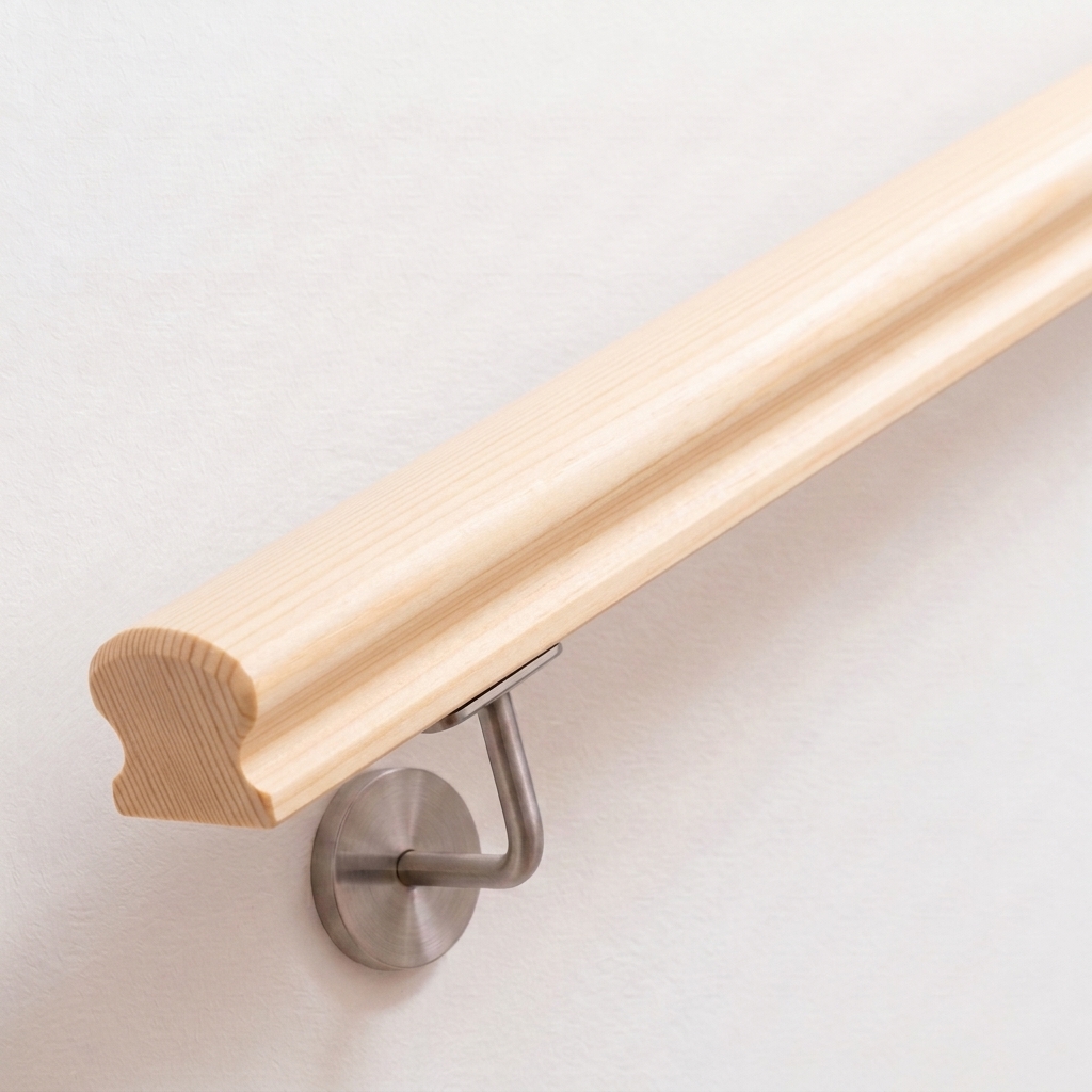 Omega-leuning van vuren/dennen met geprofileerde doorsnede, licht naaldhout, roestvrijstalen leuninghouder aan witte wand
