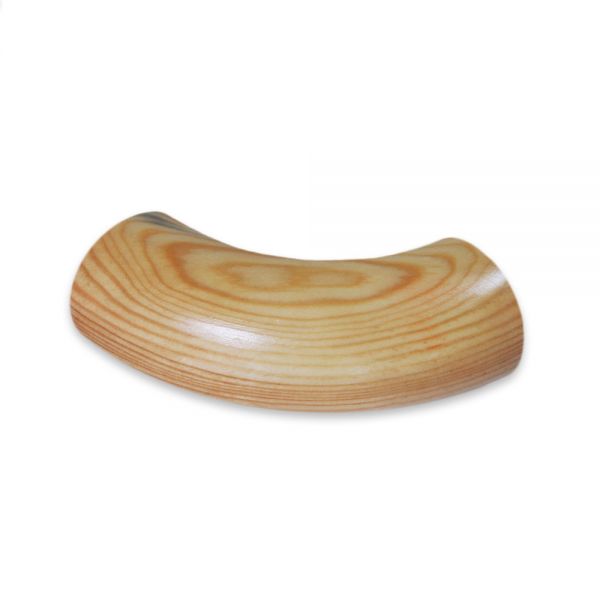 Ronde eindbocht 90° van grenenhout, gebogen eindstuk met krachtige geelbruine nerf, liggend, Ø 35 tot 50 mm