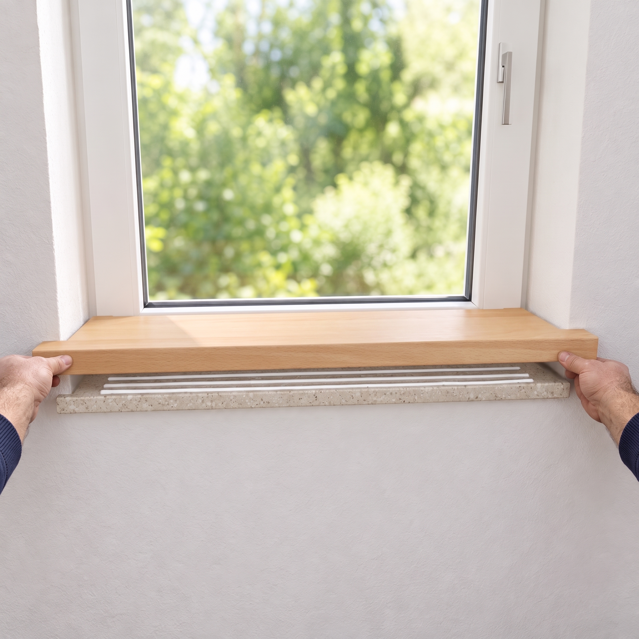 Renovatievensterbank beuken naturel wordt met beide handen op de oude stenen vensterbank bij het raam gelegd