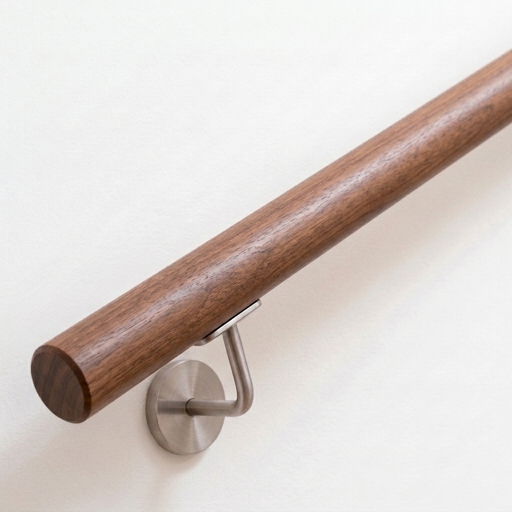 Ronde leuning van notenhout, donkerbruin hout, met roestvrijstalen leuninghouder aan witte wand, recht uiteinde, schuin