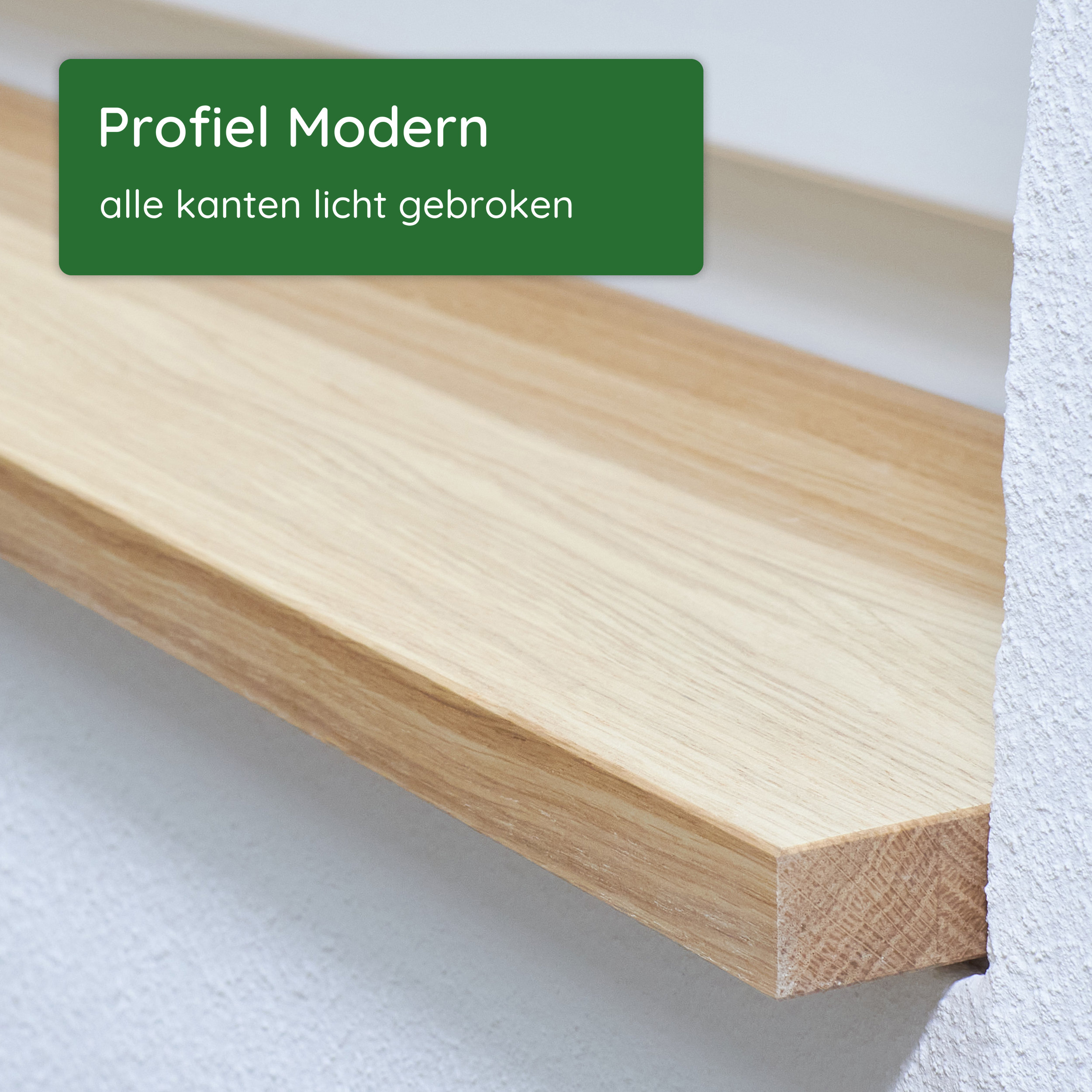 Profiel Modern voor houten vensterbank: alle kanten licht gebroken, voorkant schuin van opzij gezien