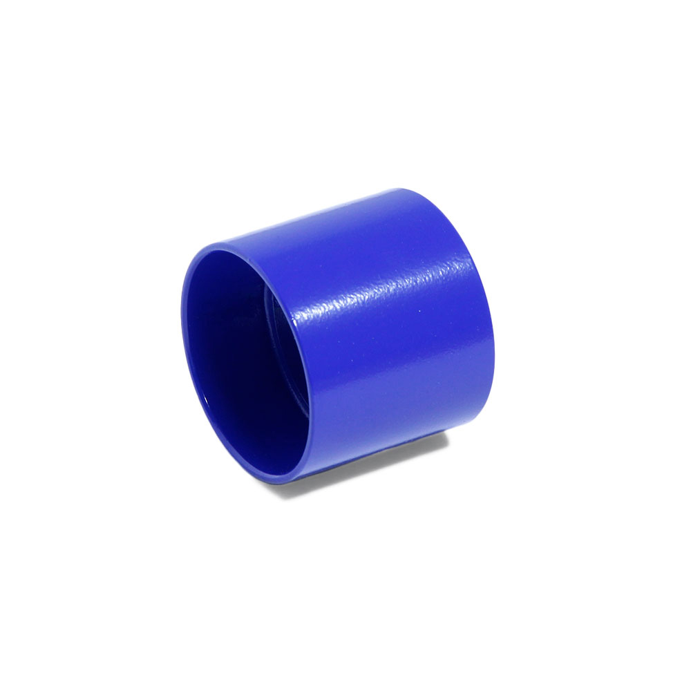 Sjabloon voor het centrisch monteren van roestvrijstalen adapters, blauwe kunststof ring, vrijstaand op witte achtergrond