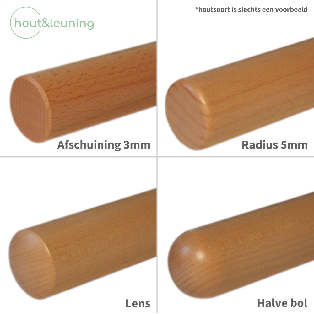 Uiteinden van een ronde houten leuning: afschuining 3 mm, radius 5 mm, lens en halve bol; houtsoort als voorbeeld