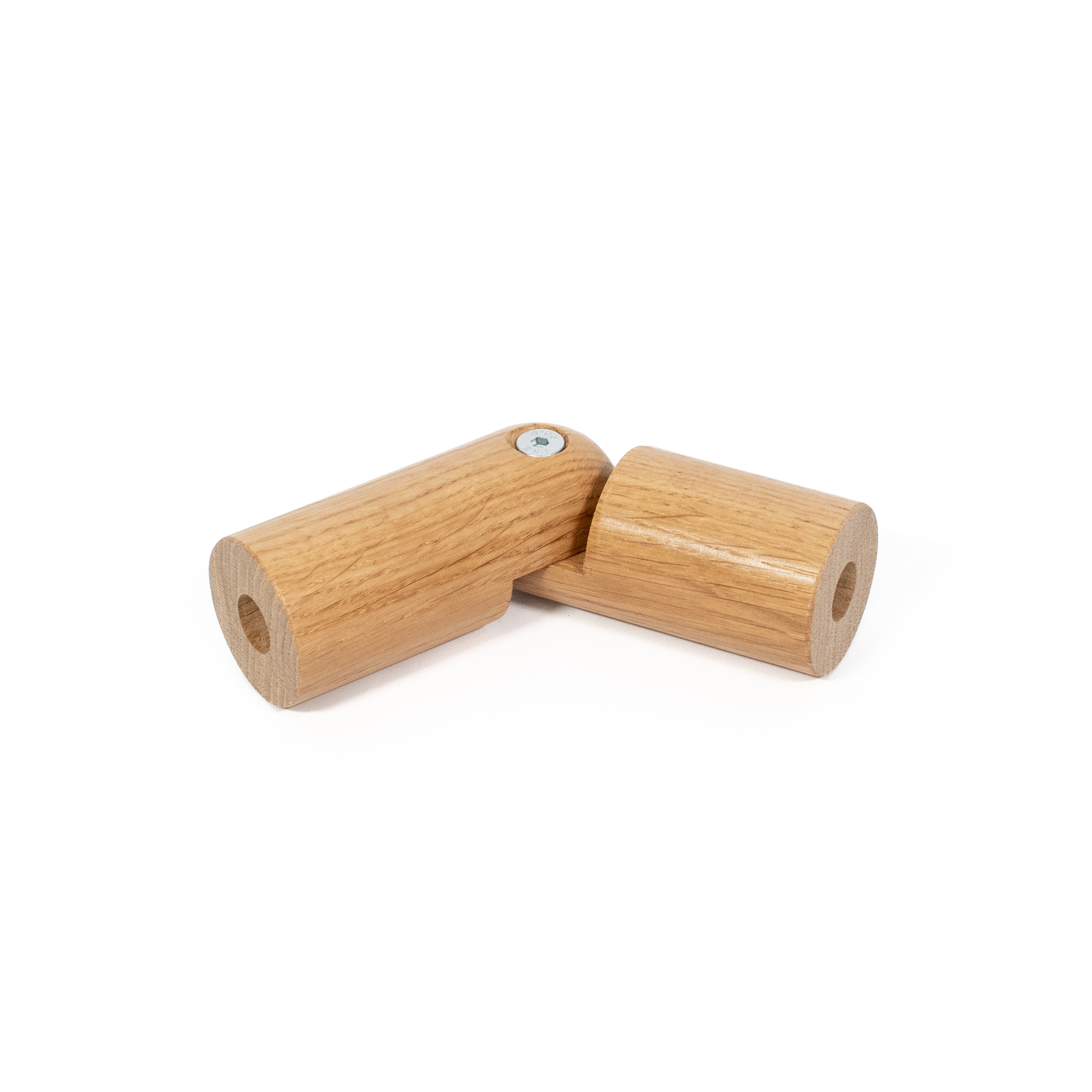 Flexibel verbindingsstuk van eikenhout, Ø 42 mm, voor houten leuning, 90° gehoekt, scharnierschroef zichtbaar, vrijstaand