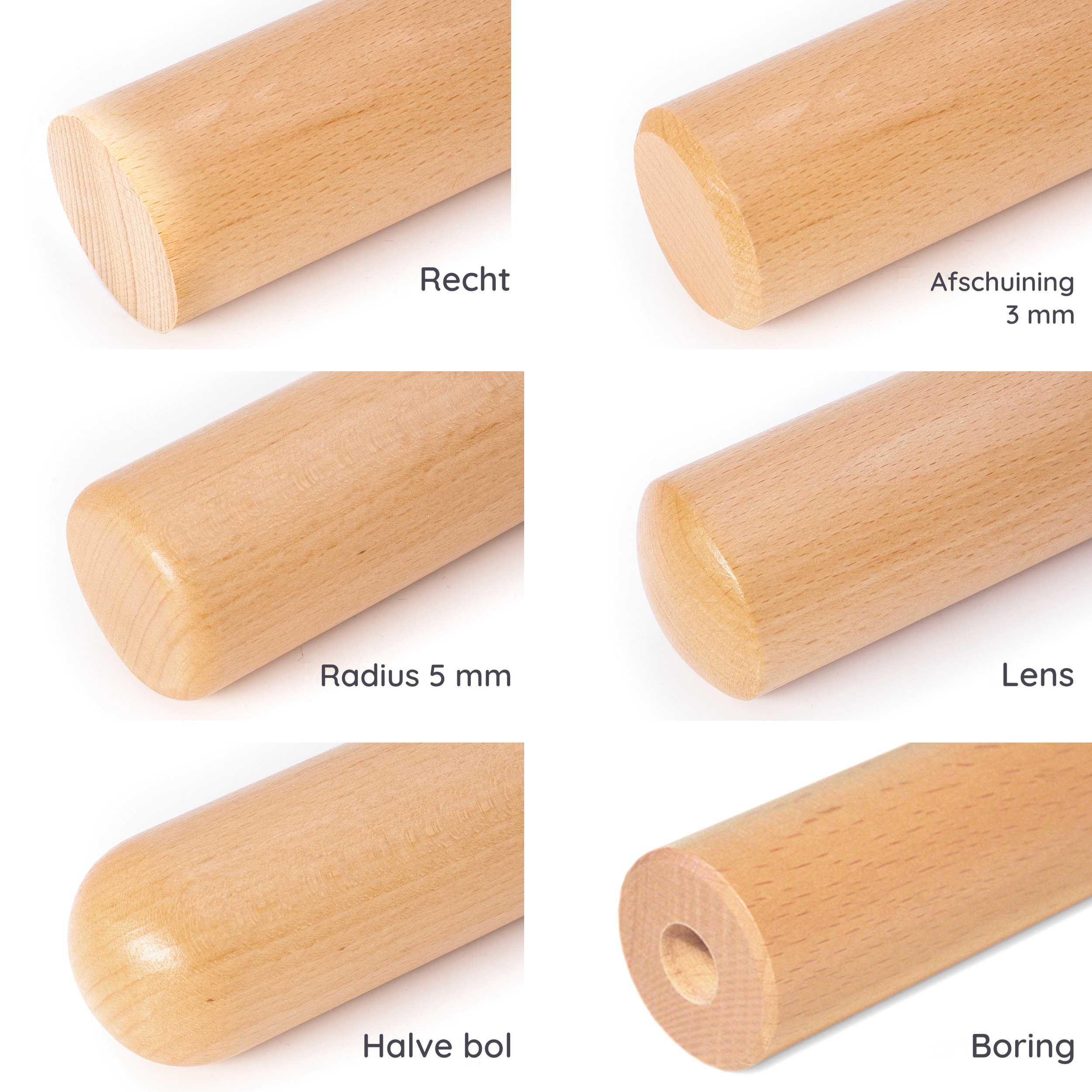 Uiteinden van ronde houten leuning vergeleken: recht, afschuining 3 mm, radius 5 mm, lens, halve bol en boring