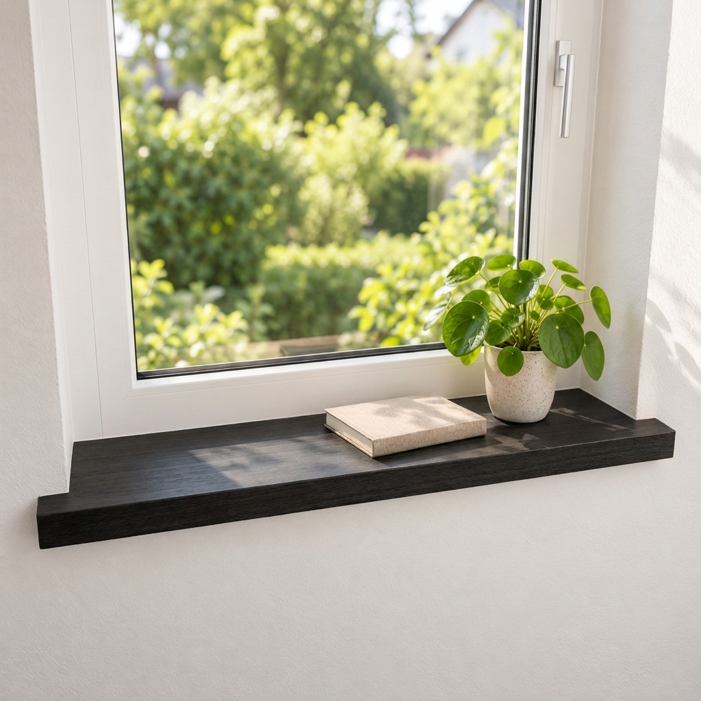 Renovatievensterbank van beukenhout, zwart gebeitst, massief hout, voor wit raam met tuinzicht, pilea in witte pot