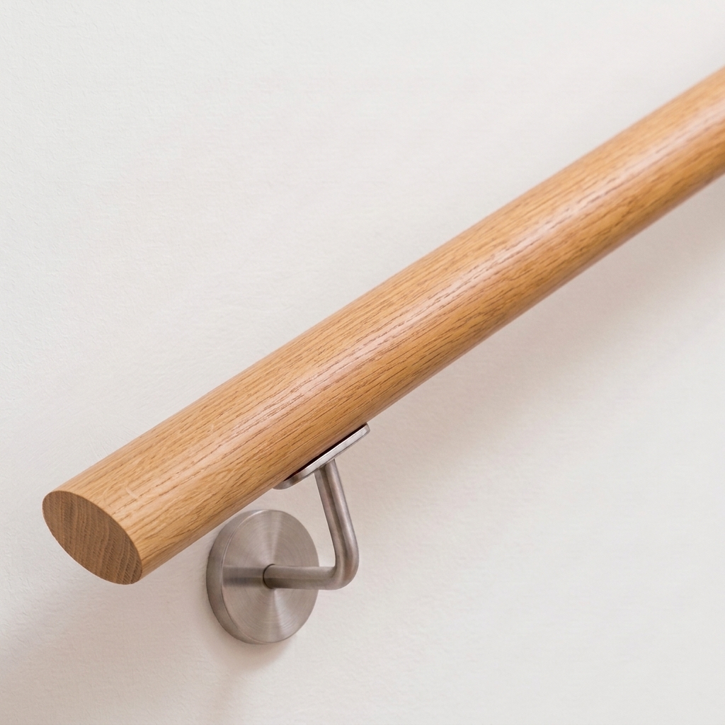 Ovale leuning van eikenhout met zichtbare nerf en roestvrijstalen leuninghouder aan witte wand, recht uiteinde, van boven