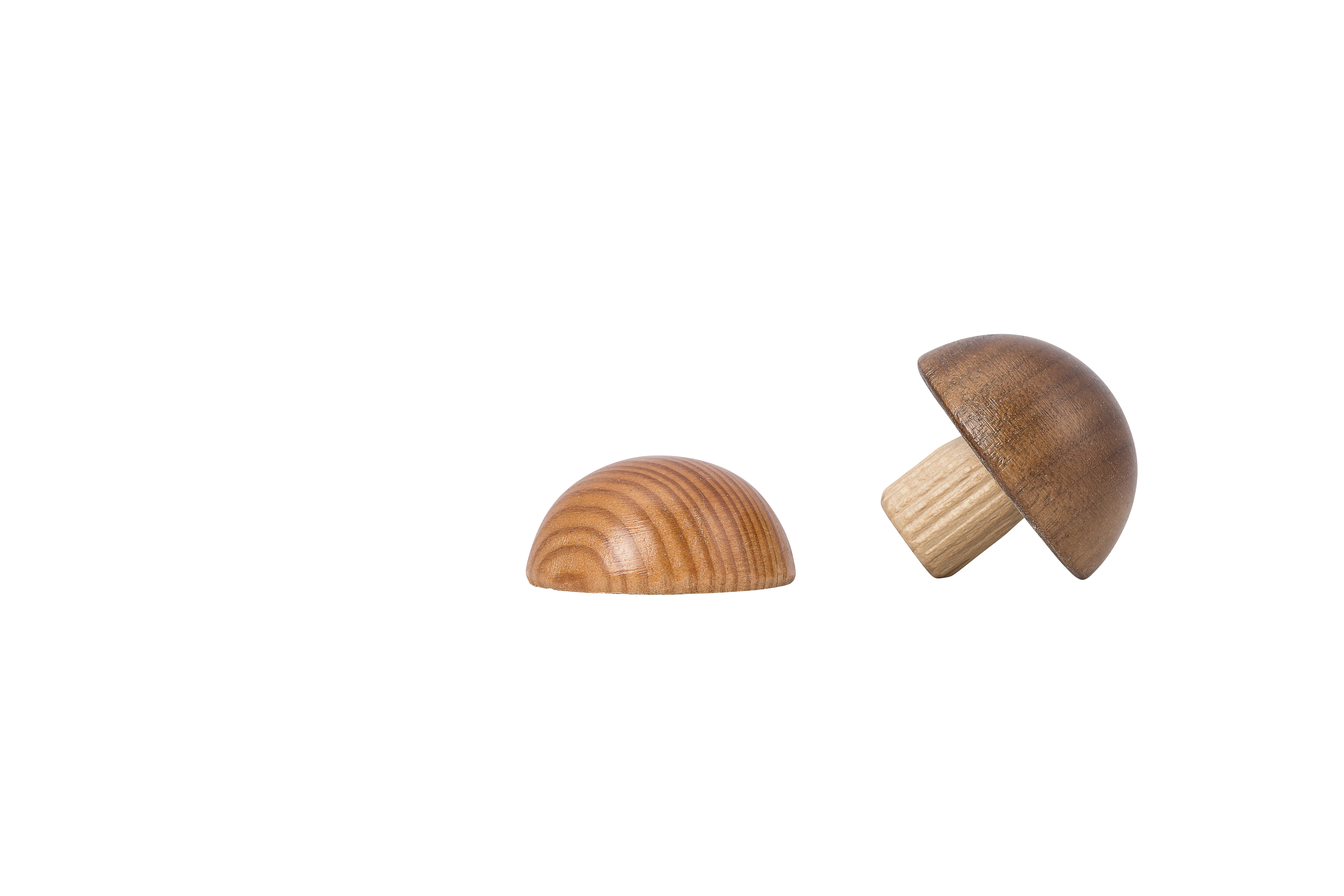 Eindkap van lariks voor houten leuning, twee halfronde houten kappen met jaarringen, één met houten plug, Ø 40 tot 50 mm