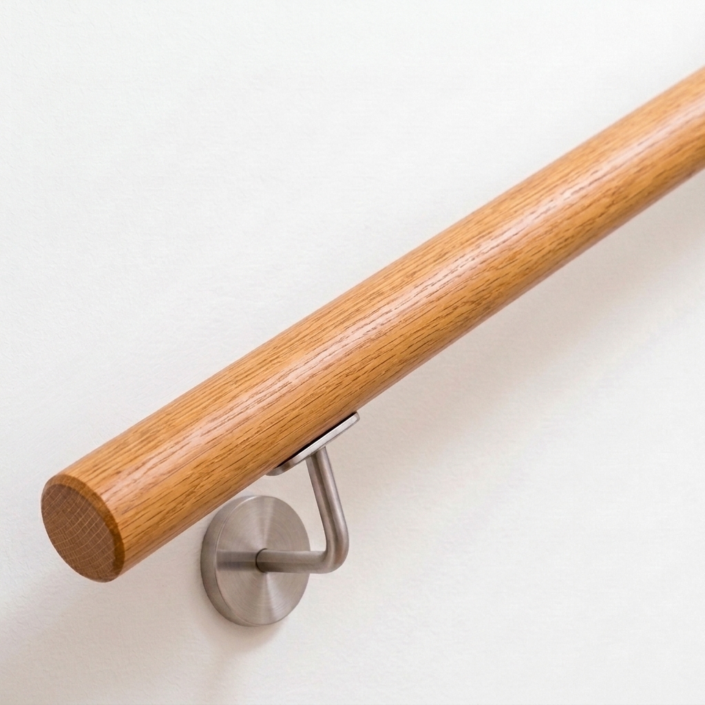 Ronde leuning van rood eikenhout met roodbruine nerf en roestvrijstalen leuninghouder aan witte wand, recht uiteinde, schuin
