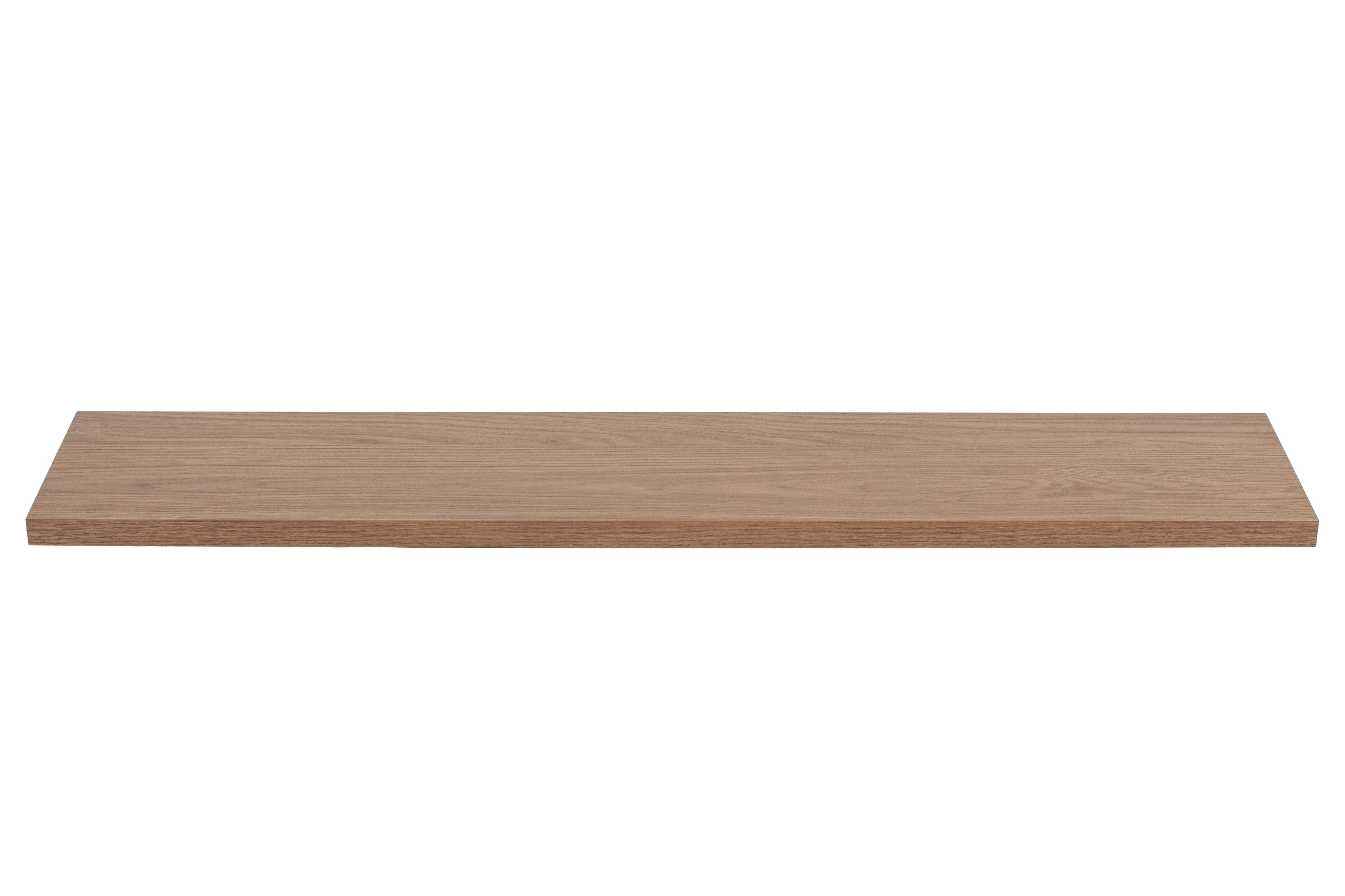 Melamine vensterbank met houtlook (noten), vrijstaand in vooraanzicht op witte achtergrond