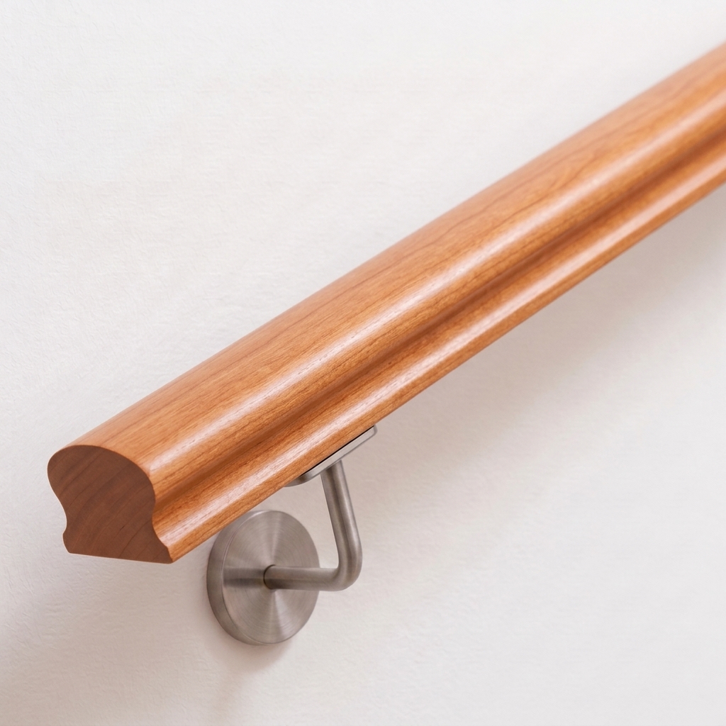 Omega-leuning van kersenhout met geprofileerde doorsnede, roodachtig hout, roestvrijstalen leuninghouder aan witte wand