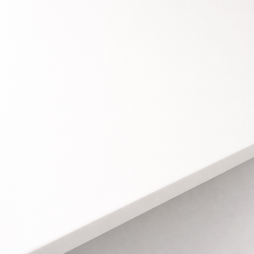 Lichtgrijze melamine vensterbank, close-up van het gladde, matte oppervlak met de voorkant
