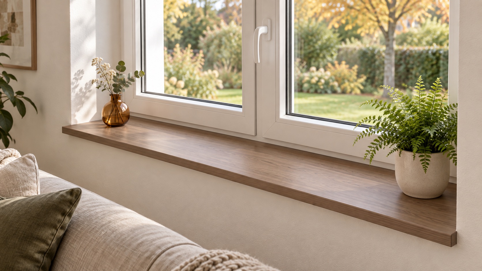 Vensterbank met donkere houtlook, melamine, onder wit raam in de woonkamer met varen, vaas en tuinzicht