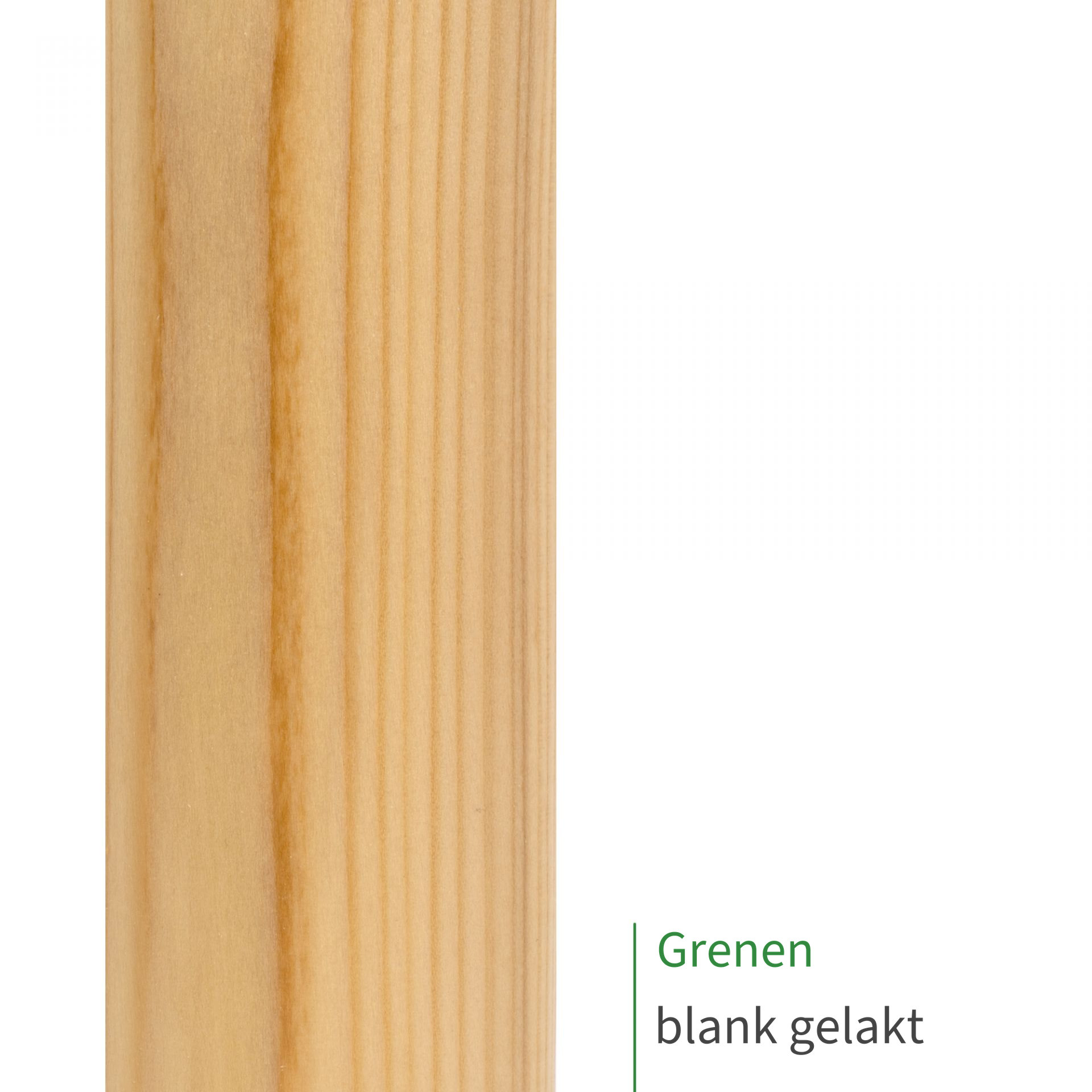 Grenen, blank gelakt: close-up van het oppervlak van een houten leuning met zichtbare houtnerf als kleurstaal