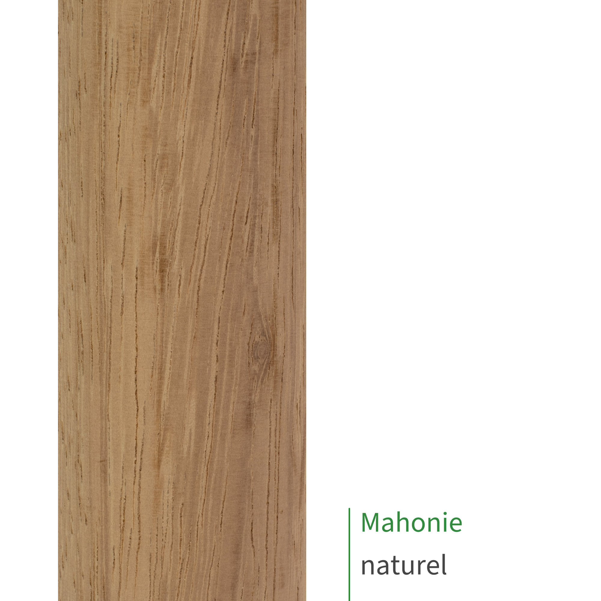 Mahonie, naturel: close-up van het oppervlak van een houten leuning met zichtbare houtnerf als kleurstaal