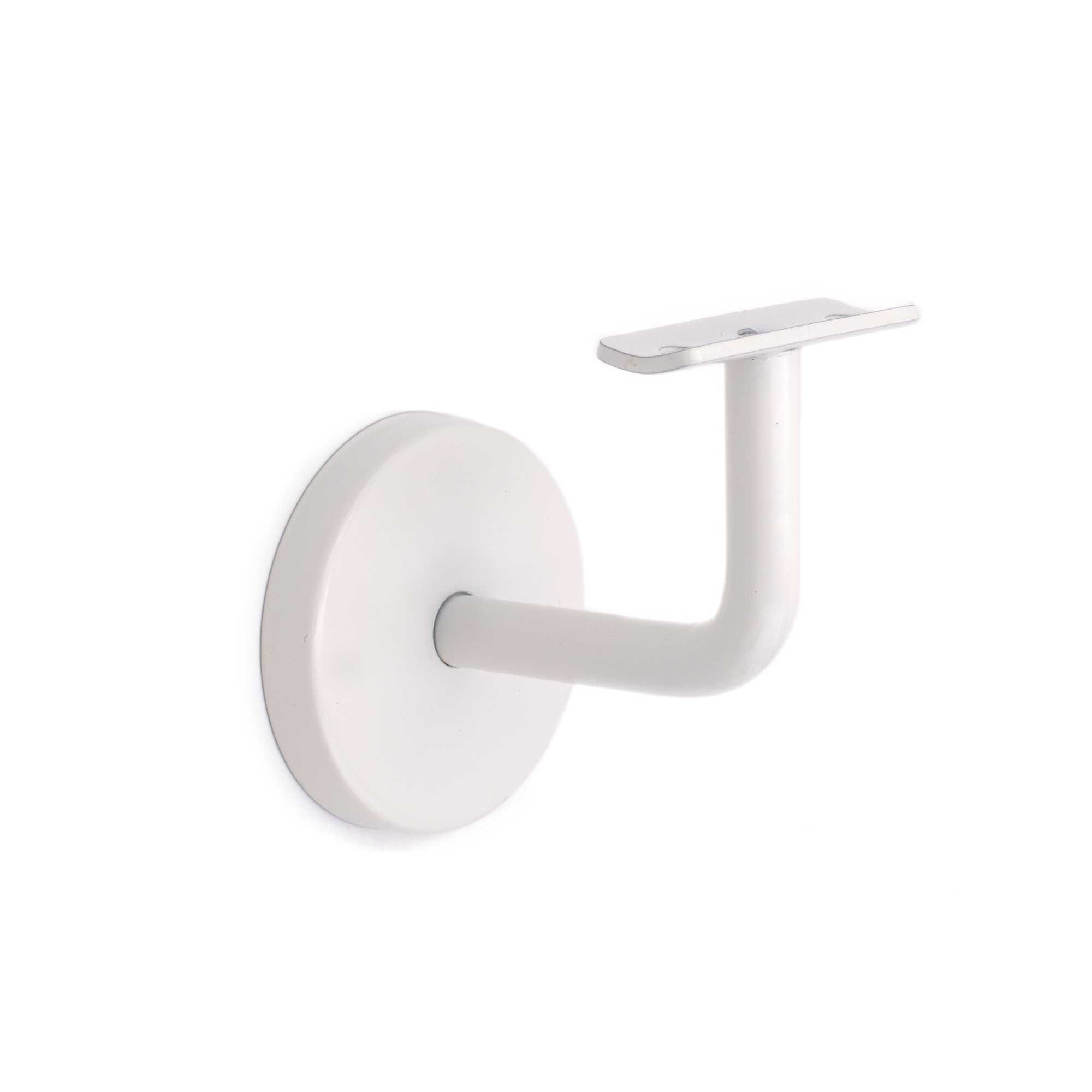 Leuninghouder model 02 wit met gewelfde plaat, wandhouder met ronde rozet en gebogen arm voor houten leuning