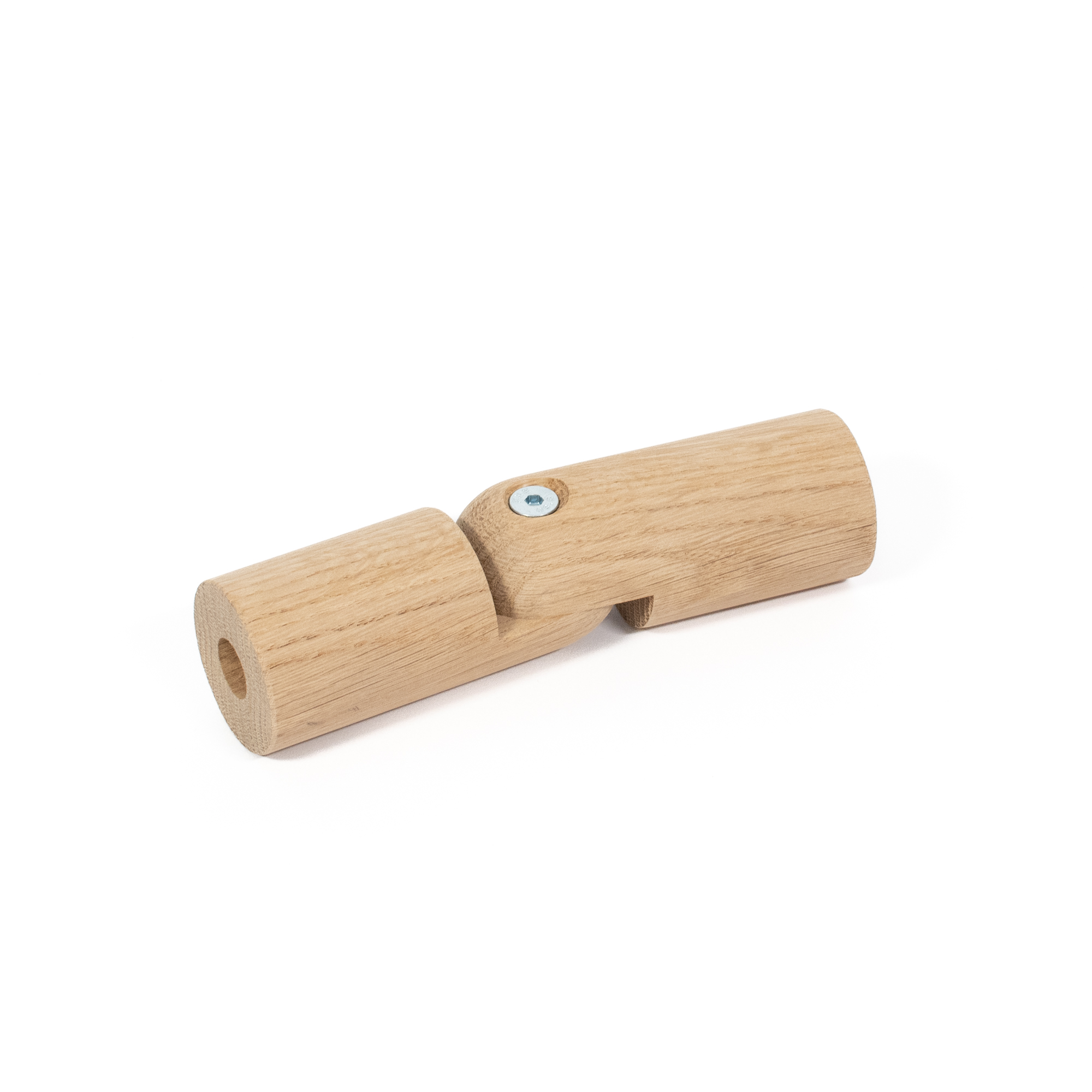 Flexibel verbindingsstuk van eikenhout, Ø 42 mm, voor houten leuning, licht gehoekt, scharnierschroef zichtbaar, van bovenaf