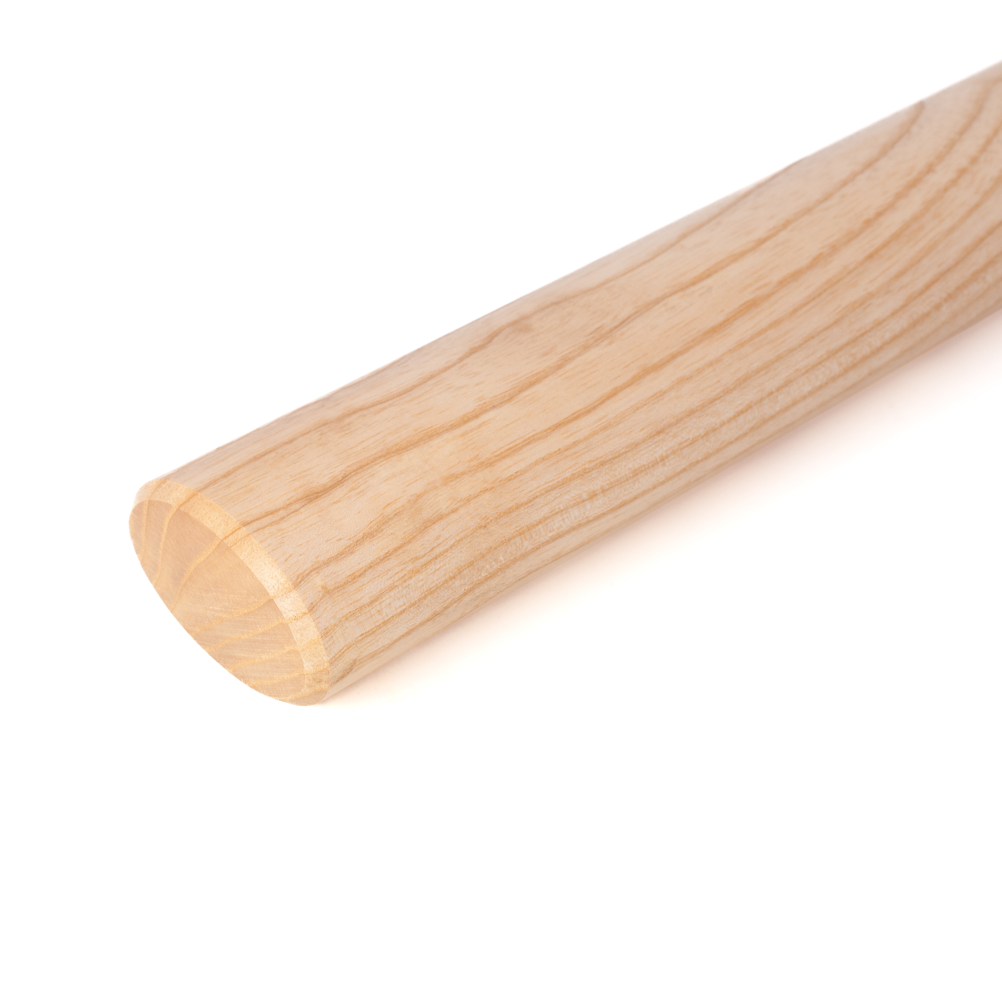 Ovale leuning van essenhout met afschuining 3 mm, close-up van het leuninguiteinde met licht afgeschuinde rand, licht hout