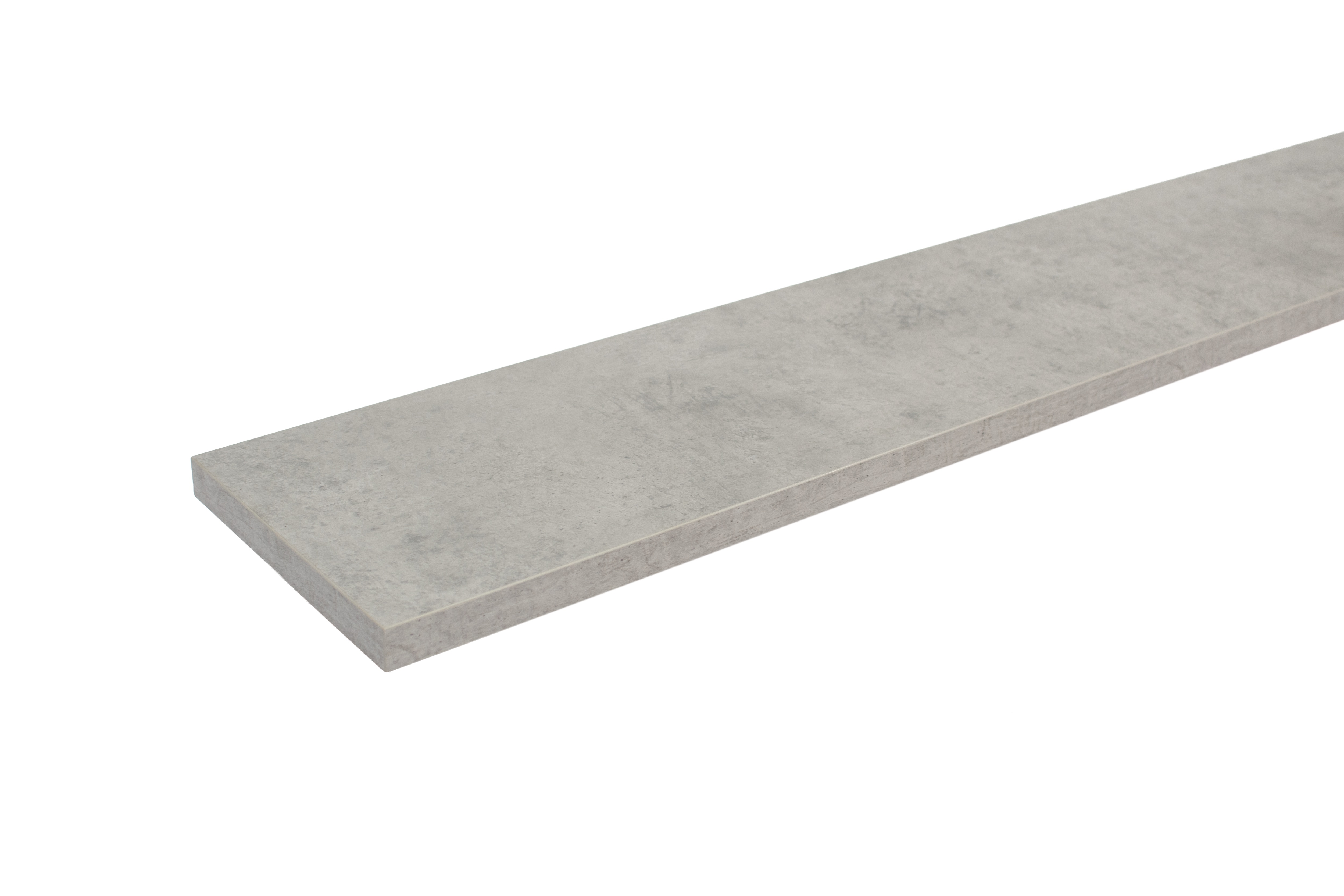 Melamine vensterbank met steenlook beton, lichtgrijze plaat met betonlook, vrijstaand schuin van boven