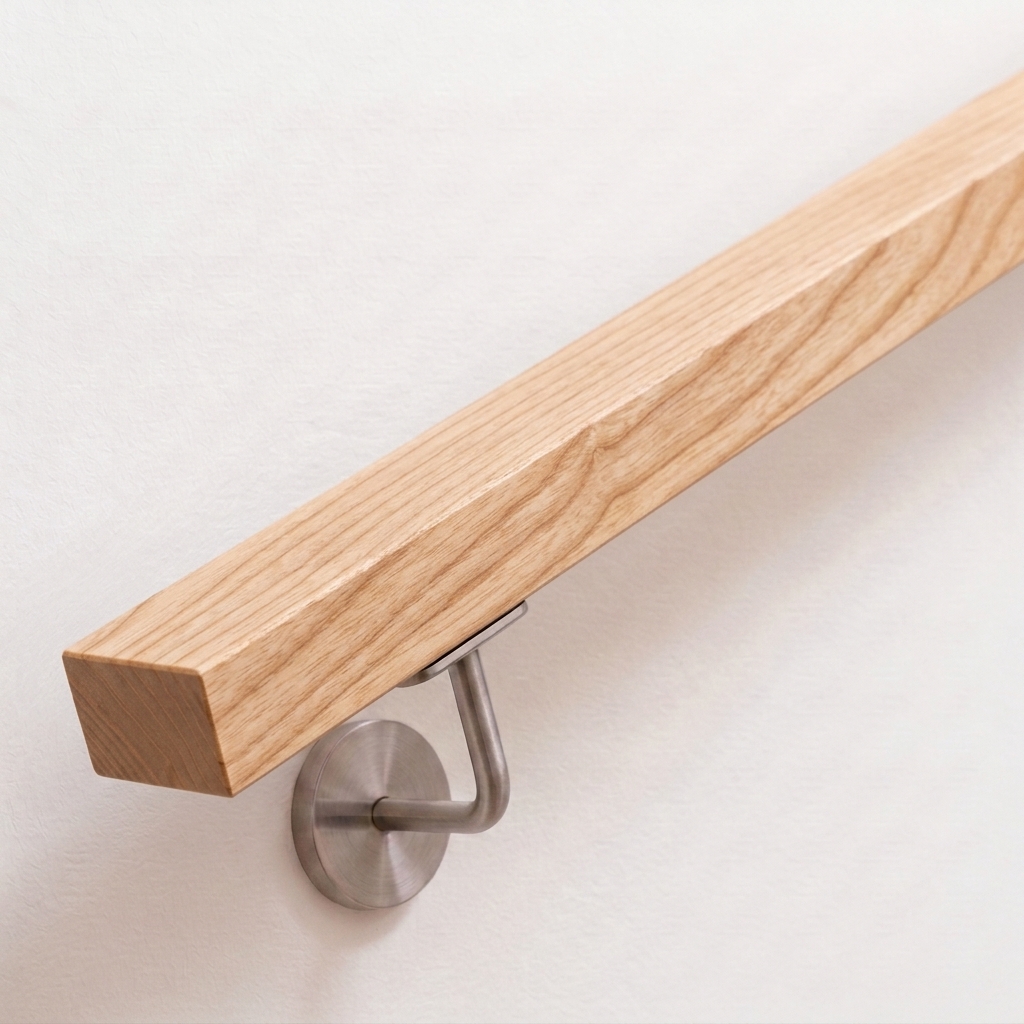 Rechthoekige leuning van essenhout, licht hout met nerf, met roestvrijstalen leuninghouder aan witte wand, recht uiteinde
