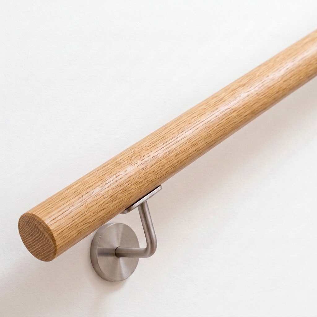 Ronde leuning van eikenhout met zichtbare nerf, aan witte wand gemonteerd met roestvrijstalen leuninghouder, van onderen