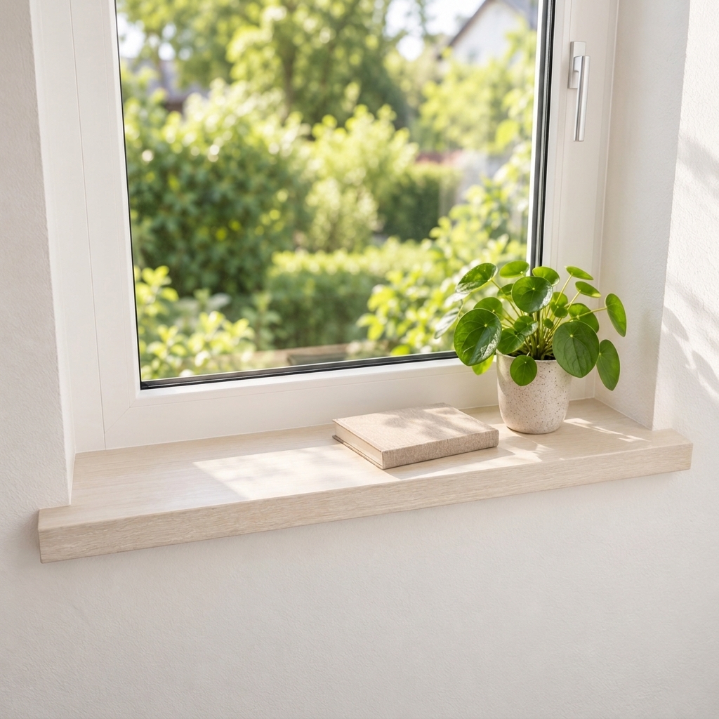 Renovatievensterbank van beukenhout, wit gebeitst, massief hout, voor wit raam met tuinzicht, pilea in witte pot