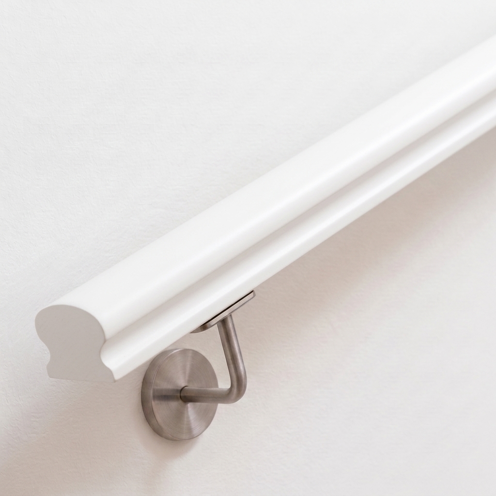 Witte Omega-leuning van beukenhout, wit gelakt, geprofileerde doorsnede, roestvrijstalen leuninghouder aan witte wand