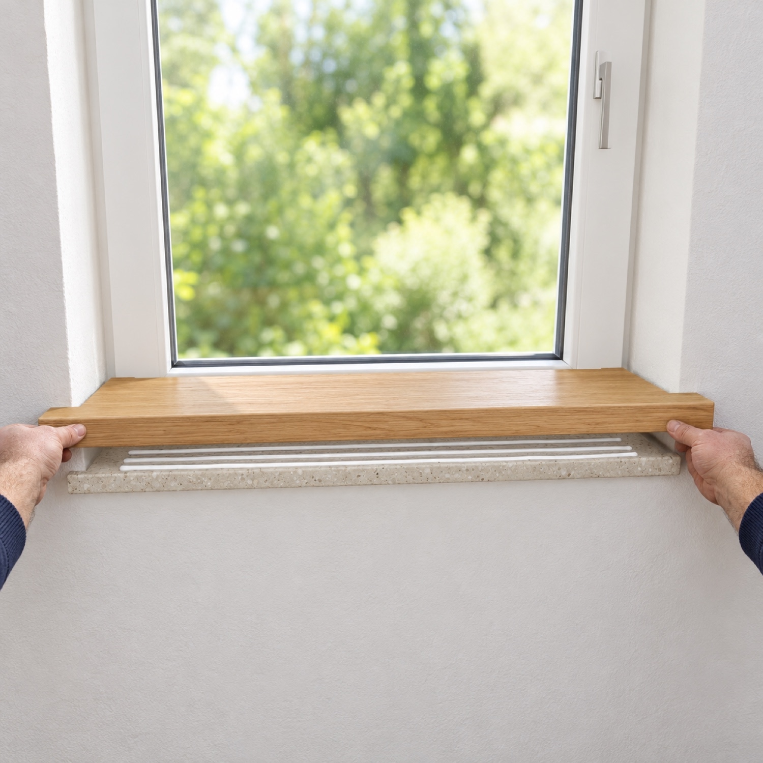 Renovatievensterbank eiken naturel wordt met beide handen op de oude stenen vensterbank bij het raam gelegd