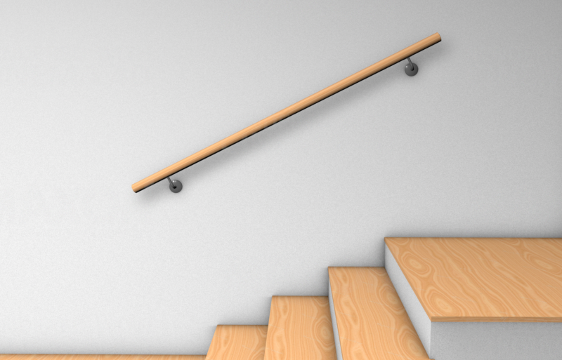Ronde houten leuning aan de wand met twee leuninghouders langs de trap, rendering over de positie van de leuninghouders