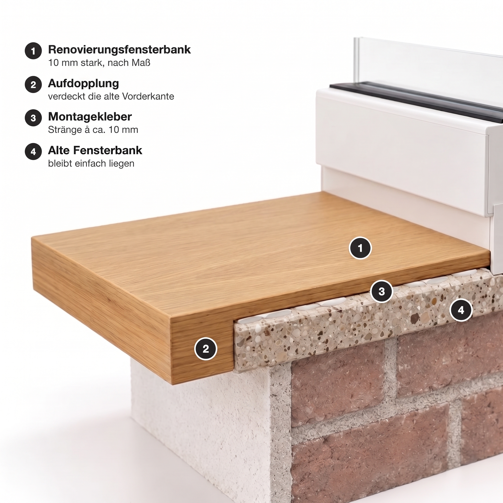 Renovatievensterbank massief hout, functieschets: 10 mm dikke houten plaat met opdikking op oude vensterbank verlijmd