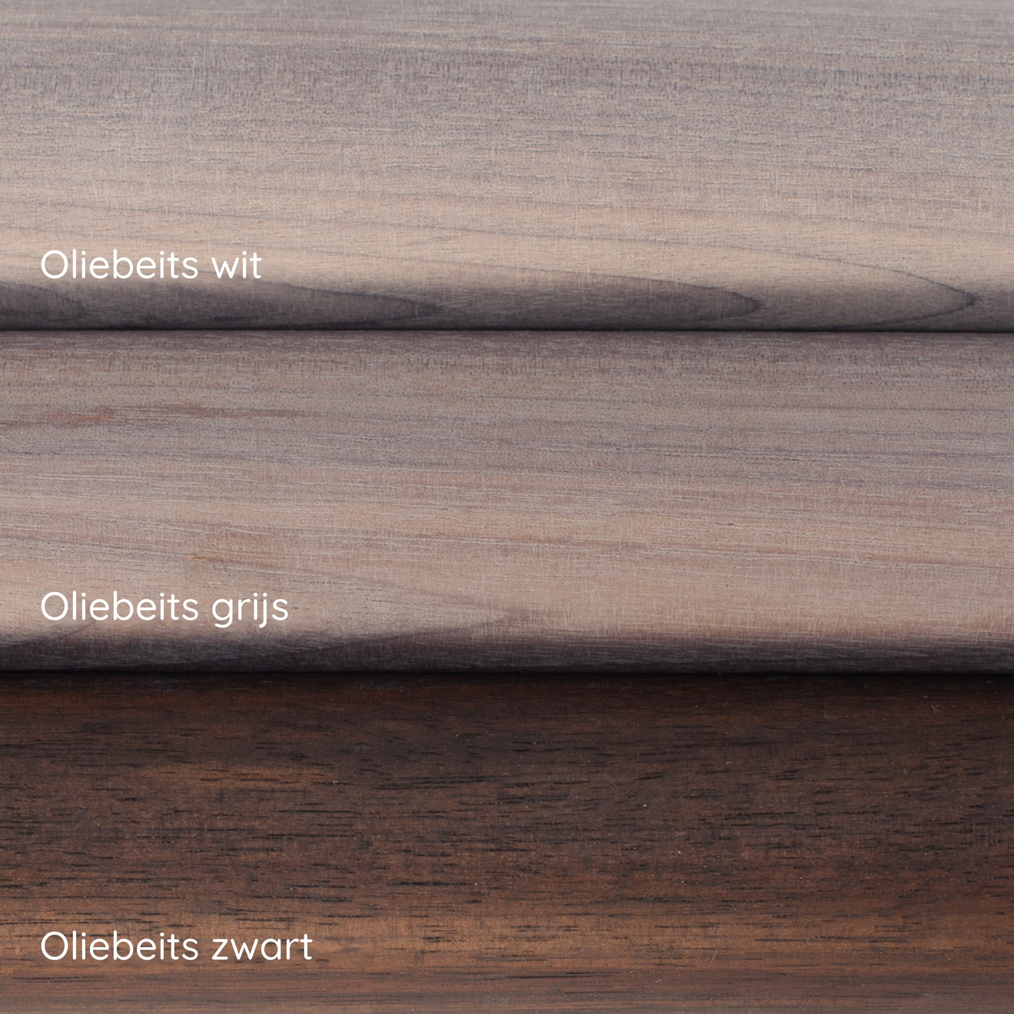Oliebeits op notenhout: drie houtstalen in wit, grijs en zwart onder elkaar, elk met opschrift