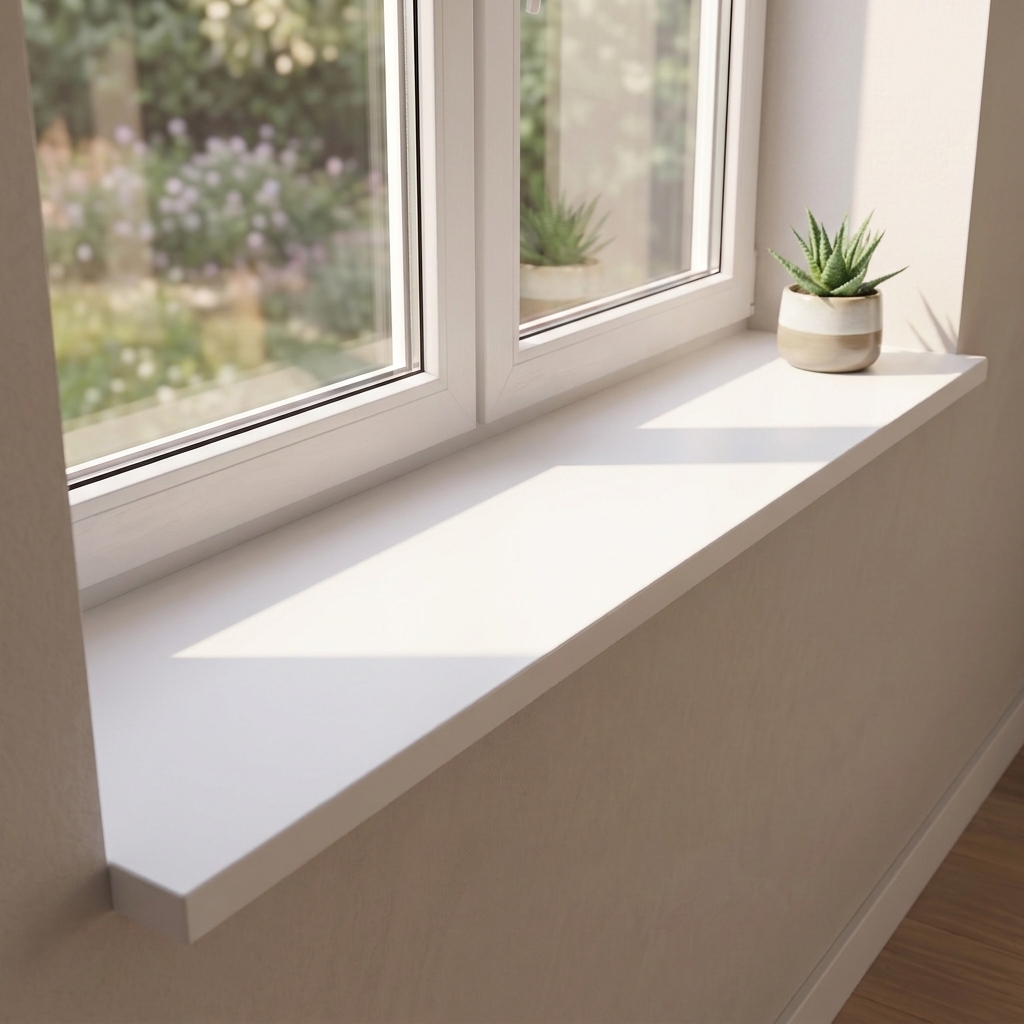 Witte melamine vensterbank onder dubbel raam met tuinzicht en aloë in tweekleurige pot