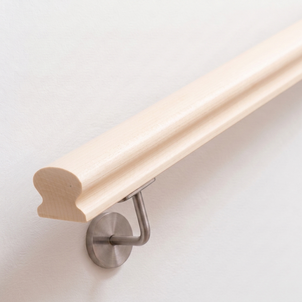 Omega-leuning van esdoornhout aan witte wand met roestvrijstalen leuninghouder, licht naturel hout, omegaprofiel van onderen