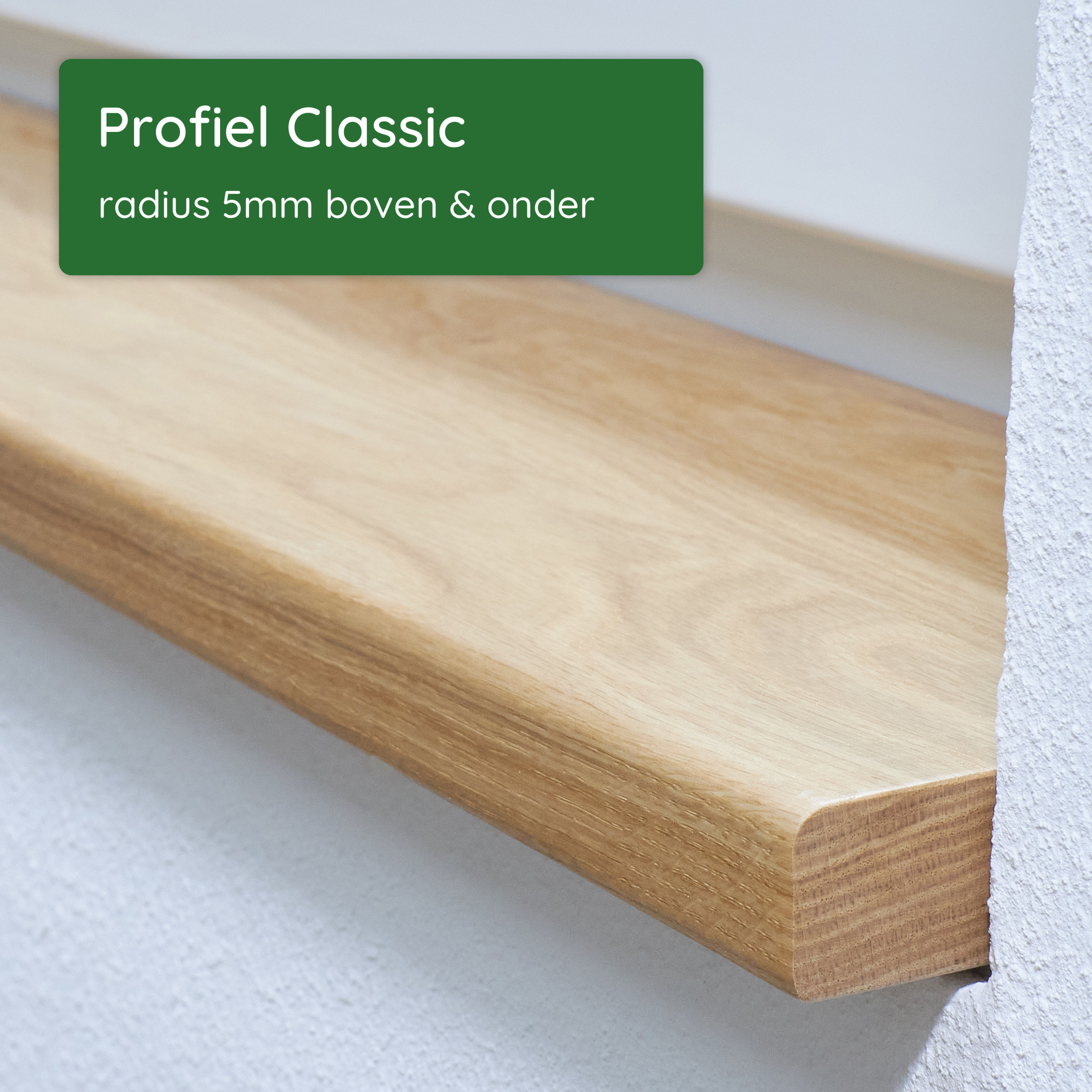 Profiel Classic voor houten vensterbank: radius 5 mm boven en onder, voorkant schuin van opzij gezien