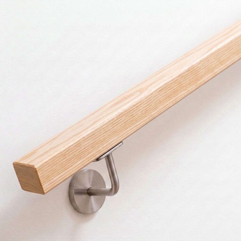 Vierkante leuning van essenhout aan witte wand met roestvrijstalen leuninghouder, licht hout met duidelijke nerf, schuin