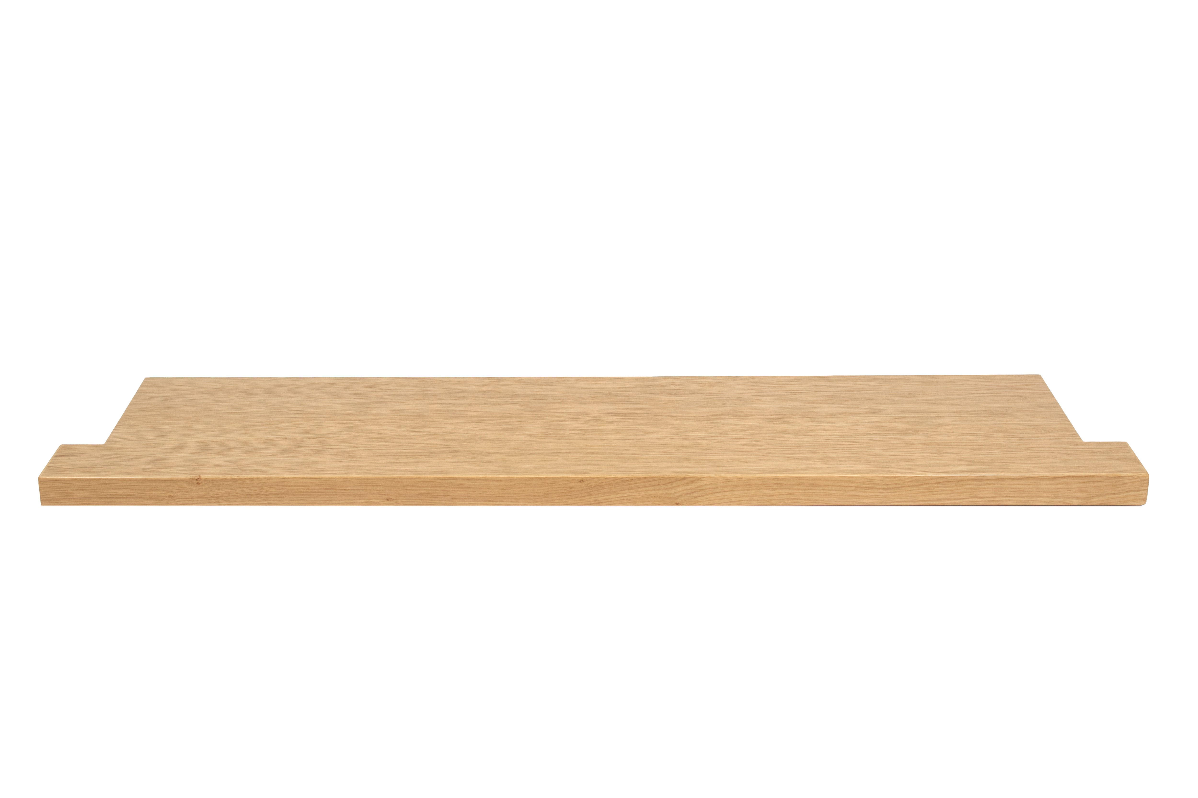 Renovatievensterbank eiken naturel, massief hout, vooraanzicht met eindstukken aan de zijkanten voor witte achtergrond