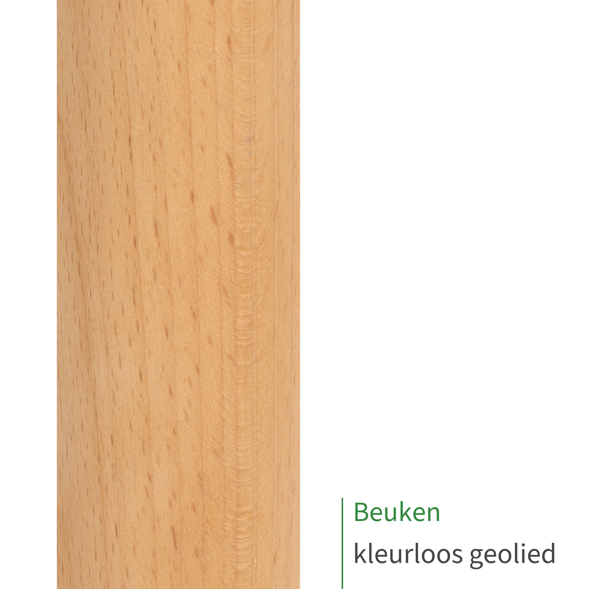 Ronde staaf van beukenhout, kleurloos geolied: close-up van het geoliede oppervlak met fijne houtnerf